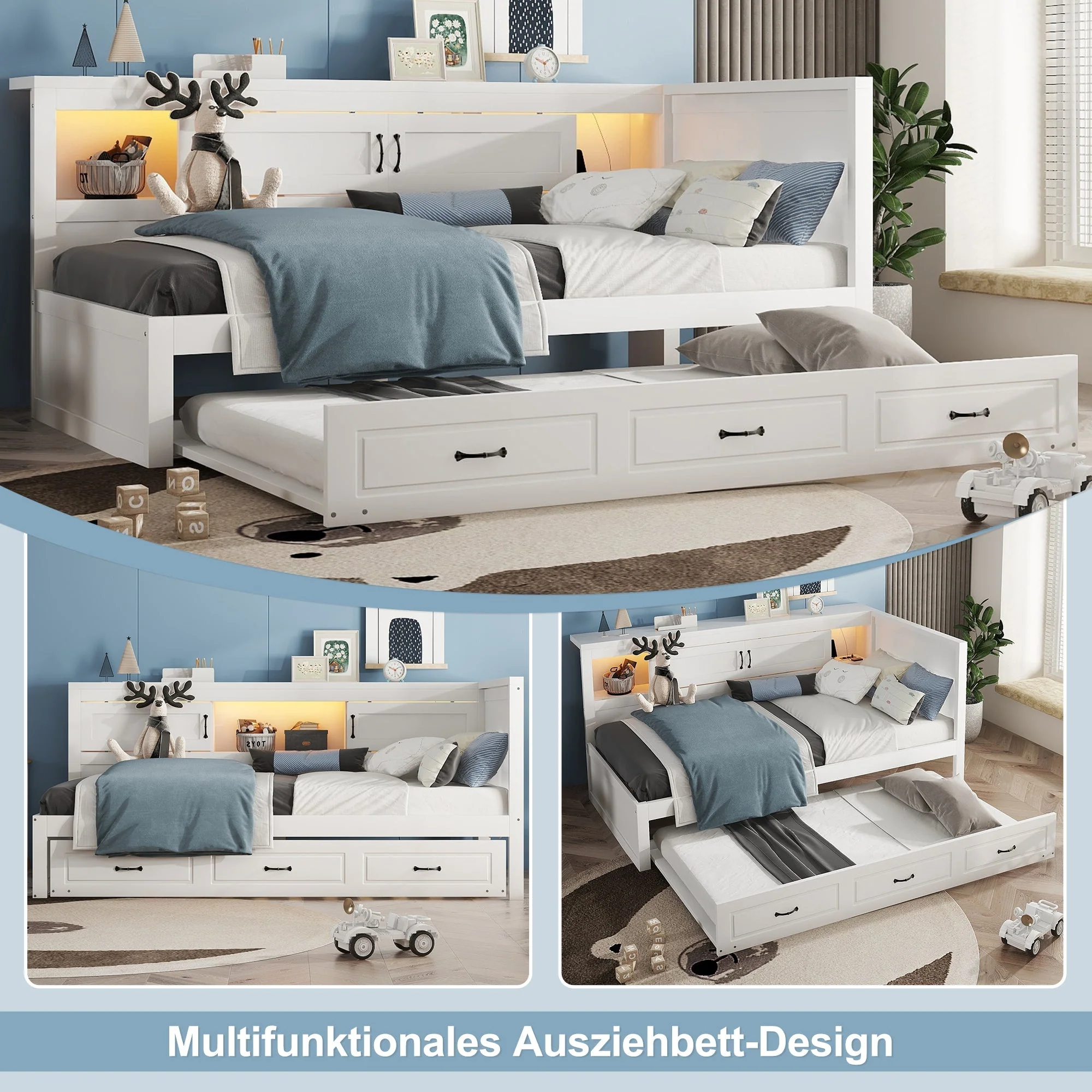 Sofa Bed Daybed with LED Lights, Pull-Out Bed and USB Charging, White - Image 3