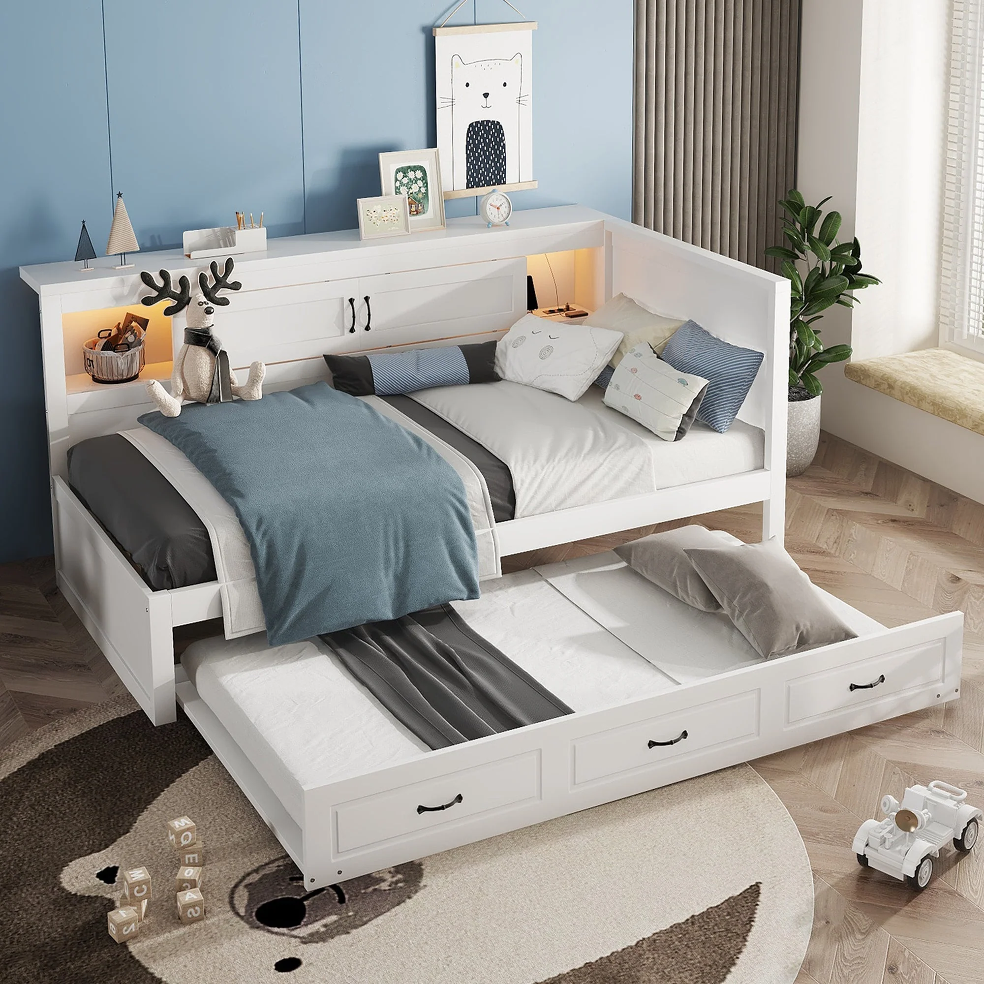 Sofa Bed Daybed with LED Lights, Pull-Out Bed and USB Charging, White - Image 7
