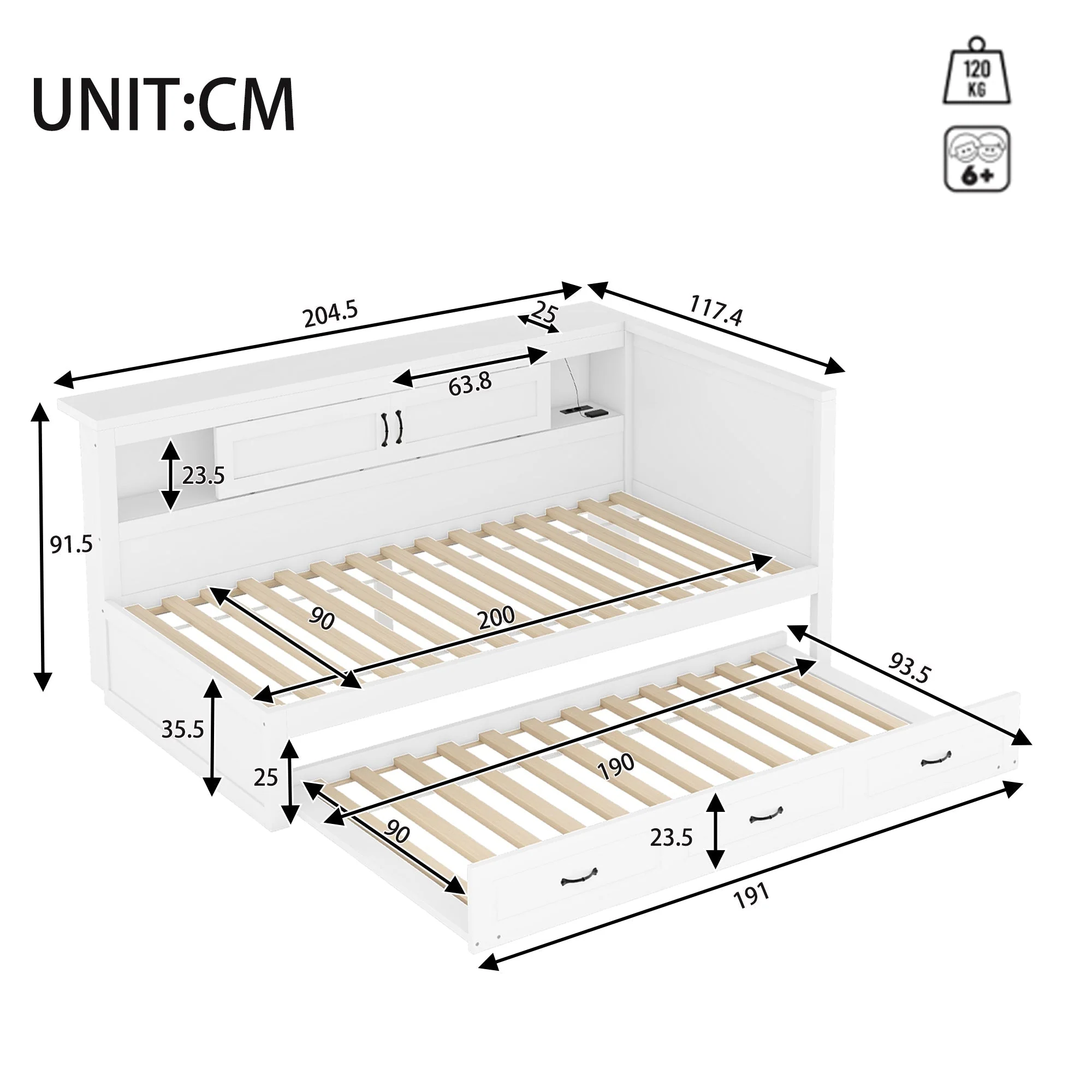 Sofa Bed Daybed with LED Lights, Pull-Out Bed and USB Charging, White - Image 9
