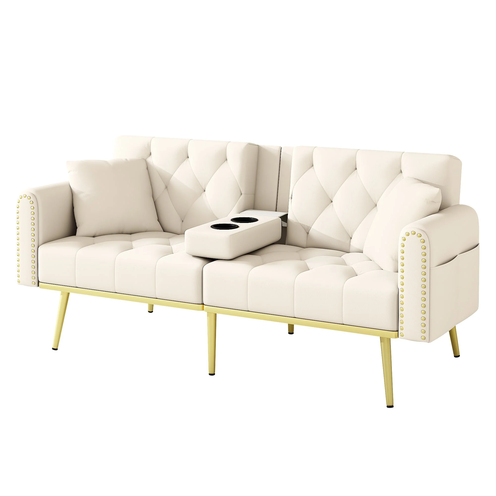 Sofa Bed Double Fold-Out Reclining Cup Holders - Fabric Beige - Image 10
