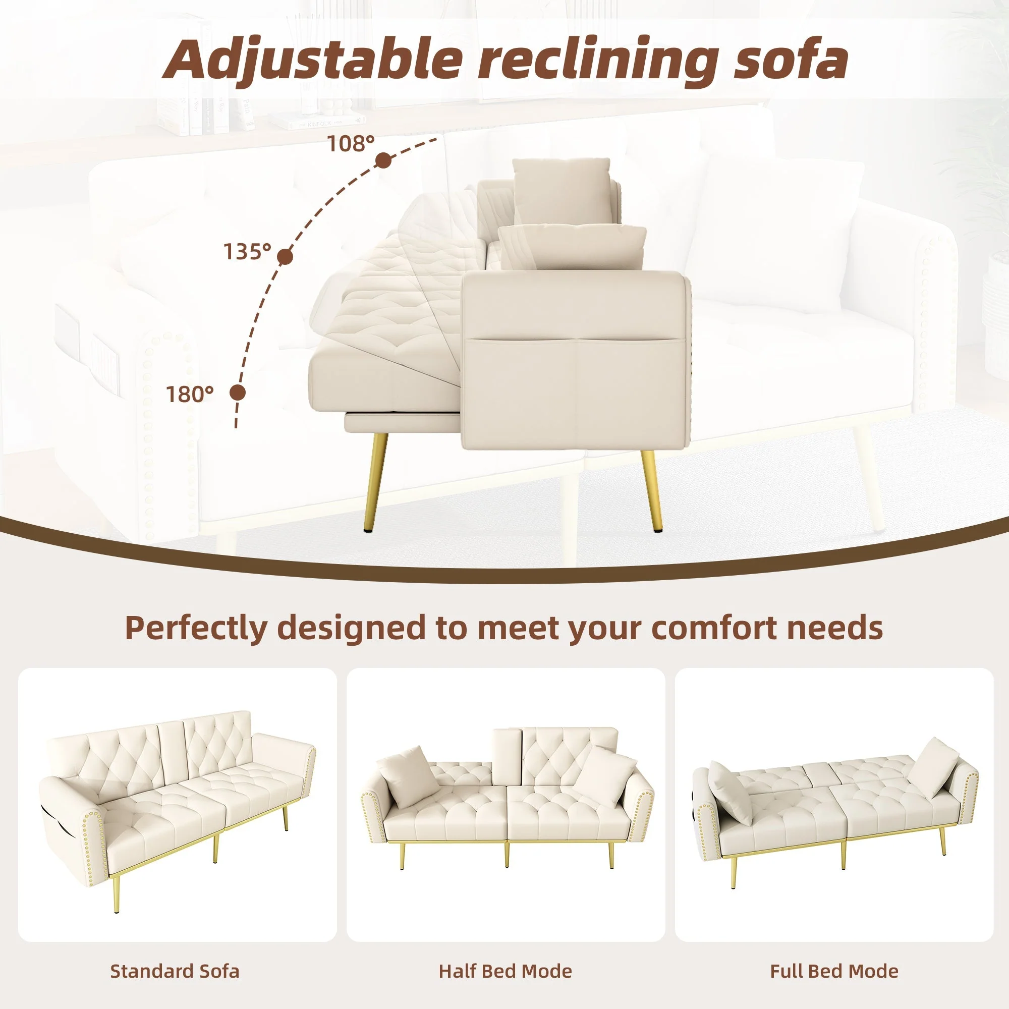 Sofa Bed Double Fold-Out Reclining Cup Holders - Fabric Beige - Image 6