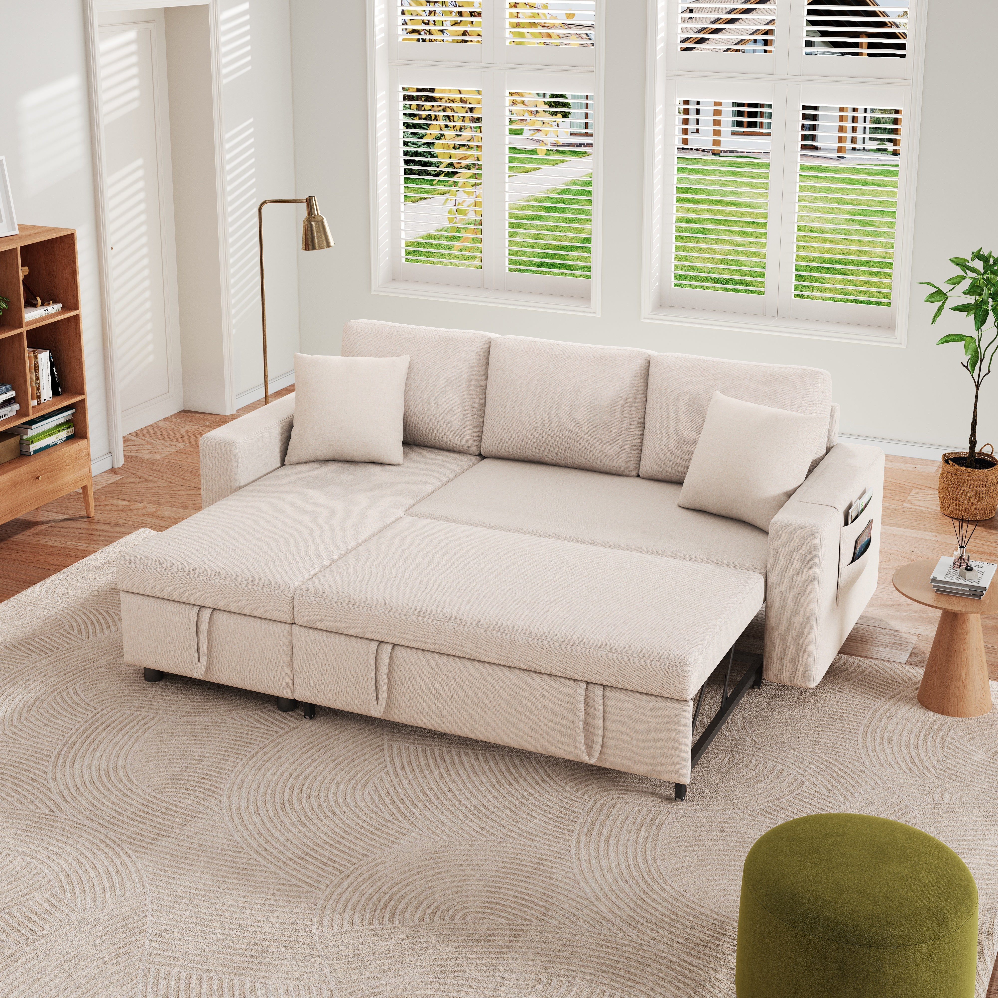Sofa Bed L-Shaped Chaise Storage Reversible Beige - Image 2