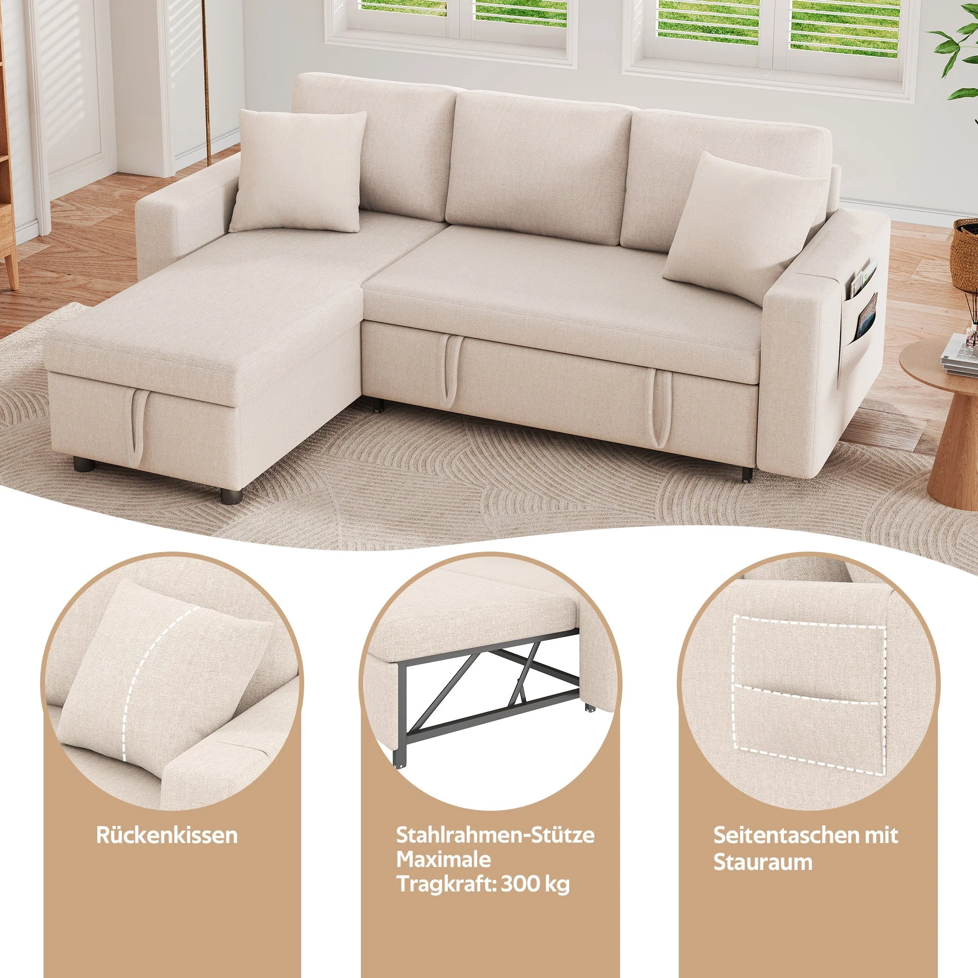 Sofa Bed L-Shaped Chaise Storage Reversible Beige - Image 8