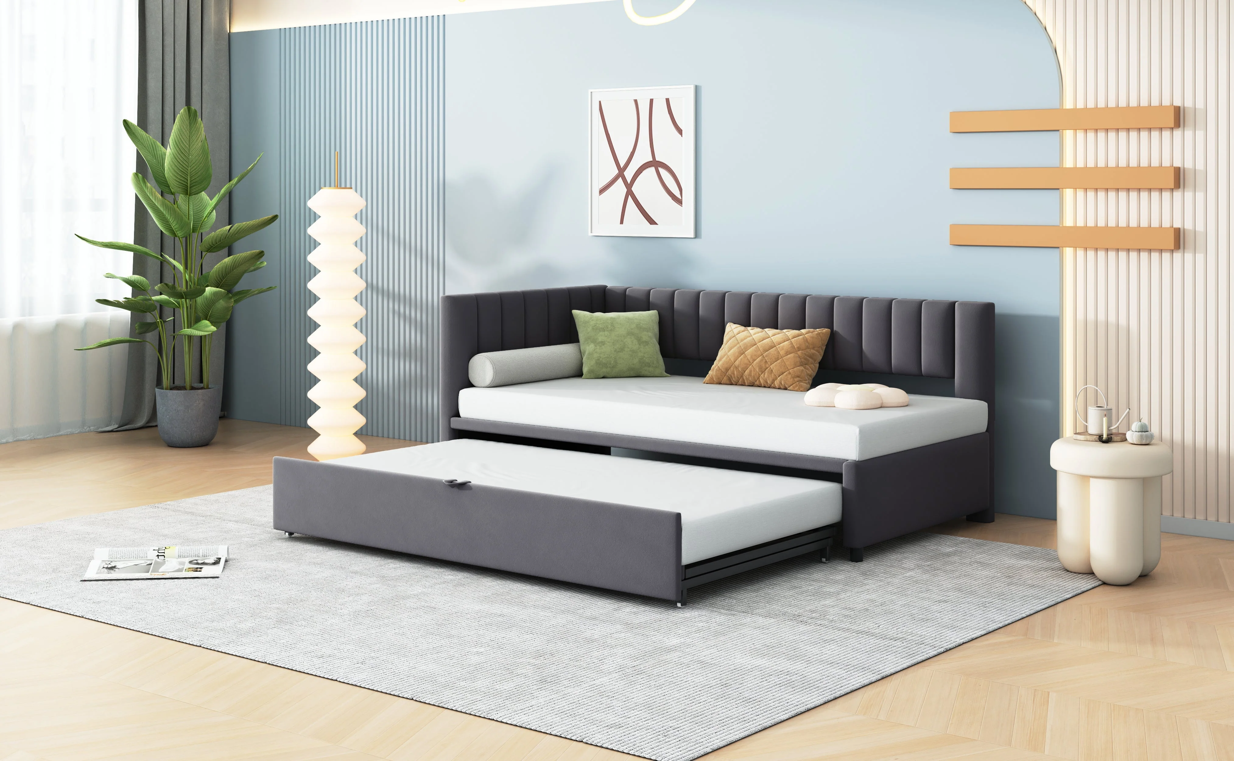 Sofa Bed, L-Shaped Pull-Out 90/180*200cm, Velvet Fabric, Gray - Image 9