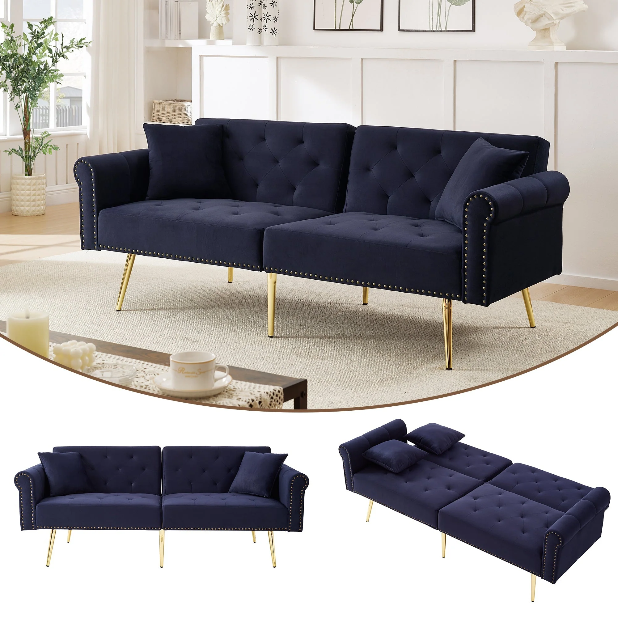 Sofa Bed, Modern 2-Seater, 3-Level Adjustable Backrest, Velvet - Image 2