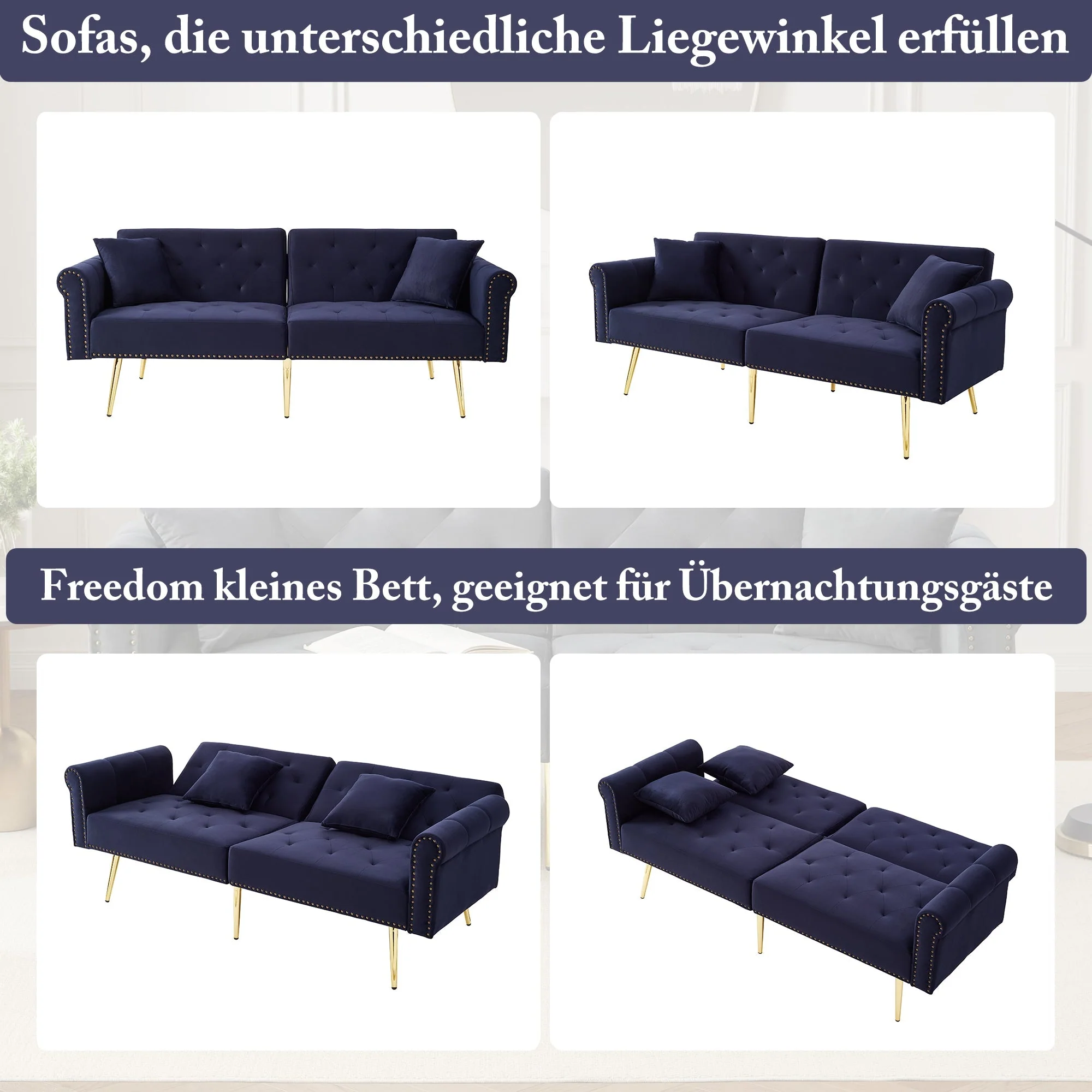 Sofa Bed, Modern 2-Seater, 3-Level Adjustable Backrest, Velvet - Image 3