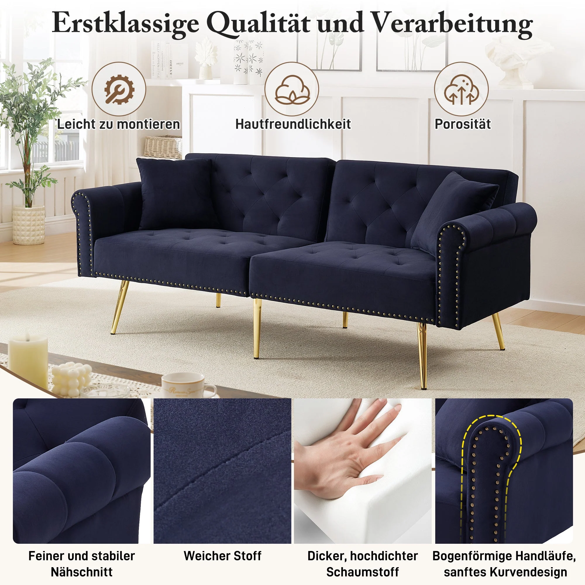 Sofa Bed, Modern 2-Seater, 3-Level Adjustable Backrest, Velvet - Image 6