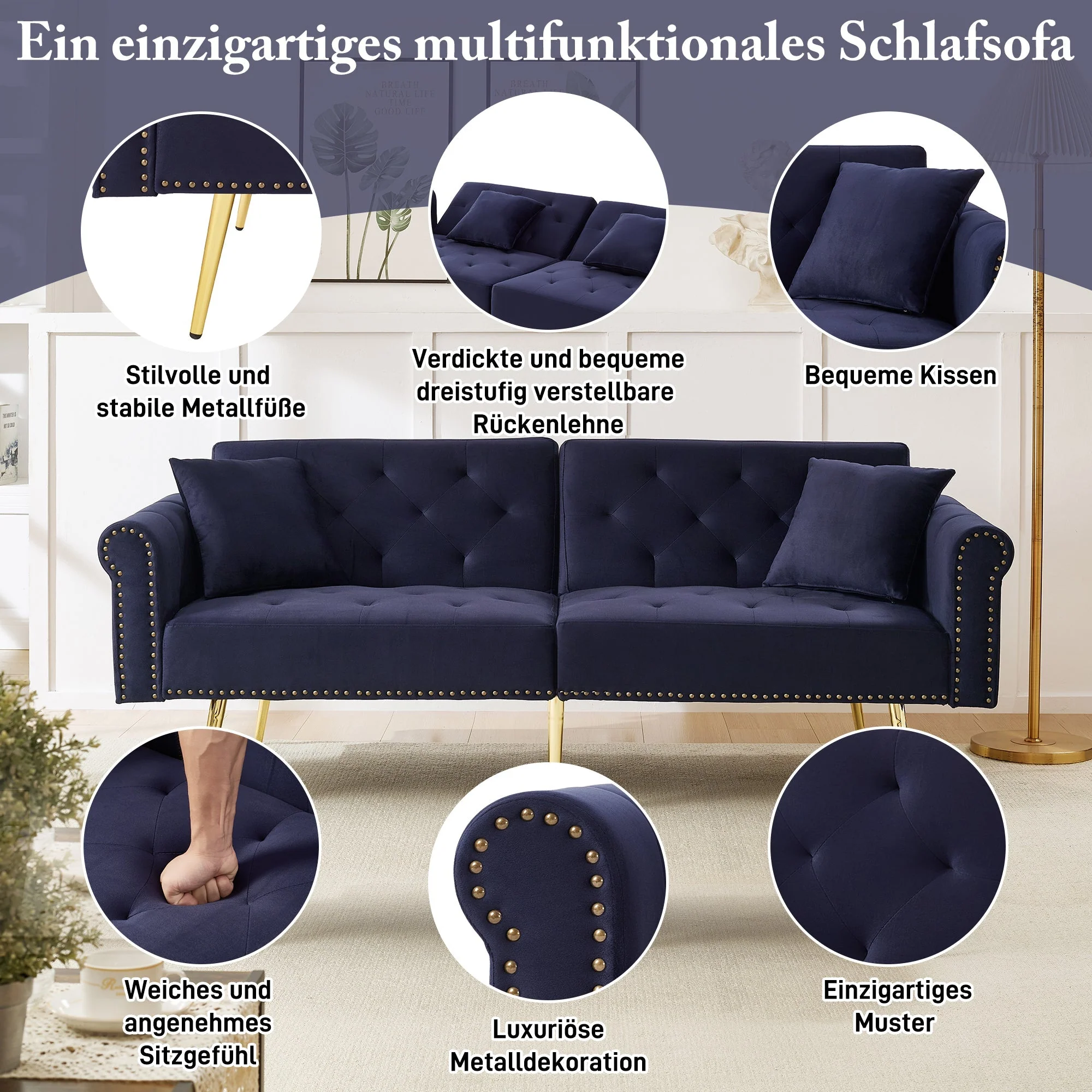 Sofa Bed, Modern 2-Seater, 3-Level Adjustable Backrest, Velvet - Image 8