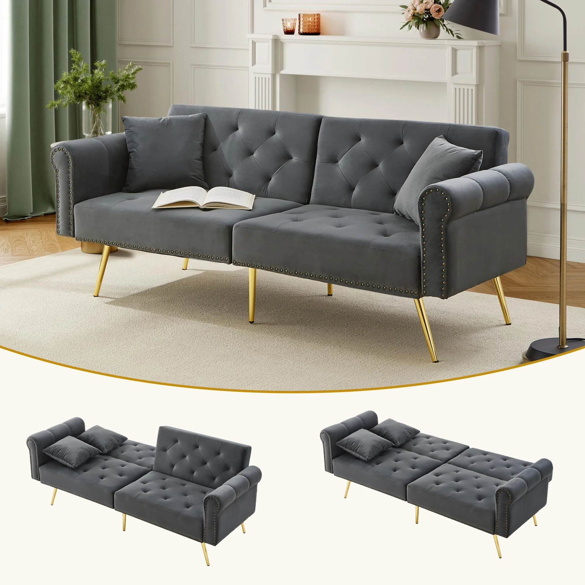 Sofa Bed, Modern 2-Seater with 3-Level Adjustable Backrest, Velvet - Image 2