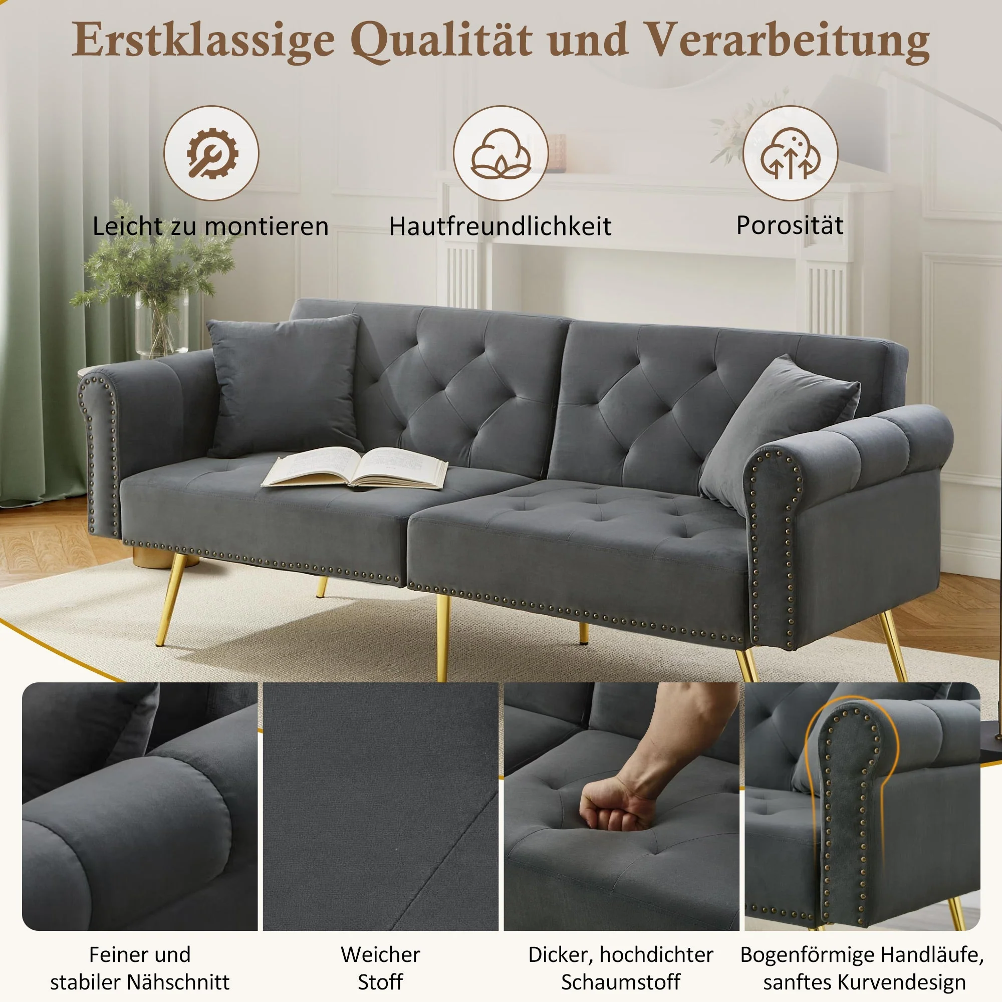 Sofa Bed, Modern 2-Seater with 3-Level Adjustable Backrest, Velvet - Image 3