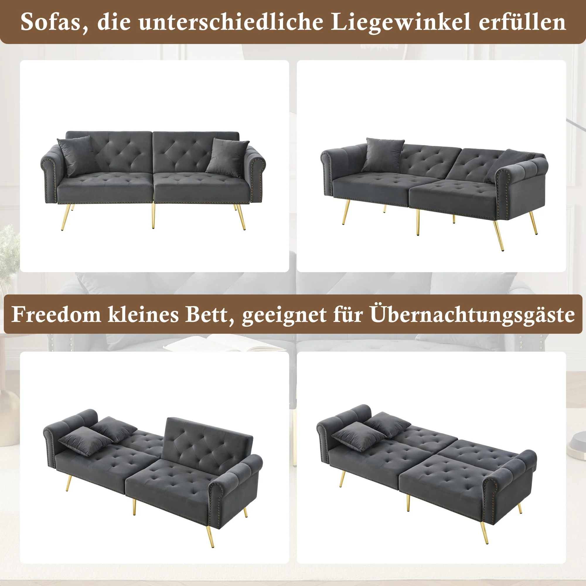 Sofa Bed, Modern 2-Seater with 3-Level Adjustable Backrest, Velvet - Image 4