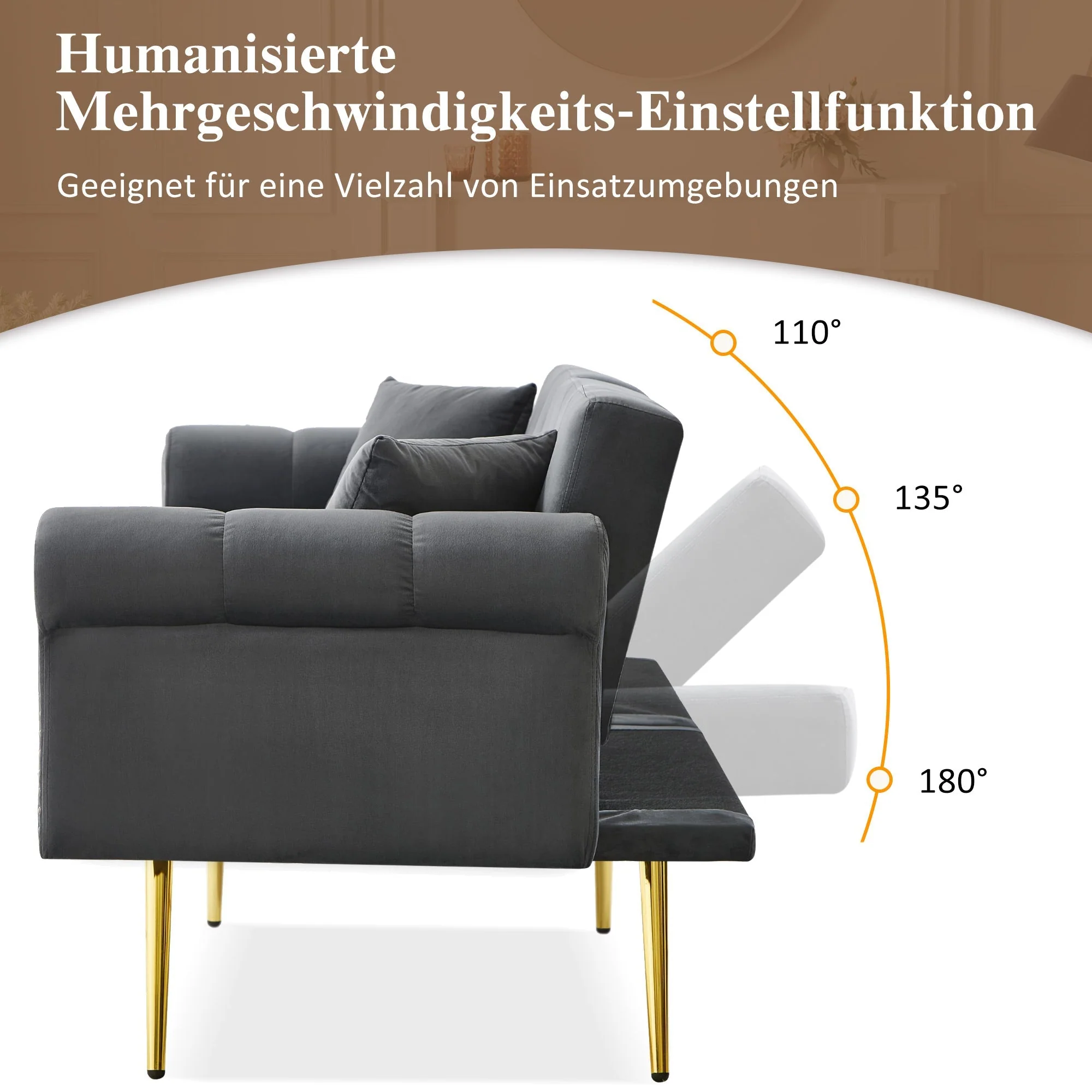 Sofa Bed, Modern 2-Seater with 3-Level Adjustable Backrest, Velvet - Image 5