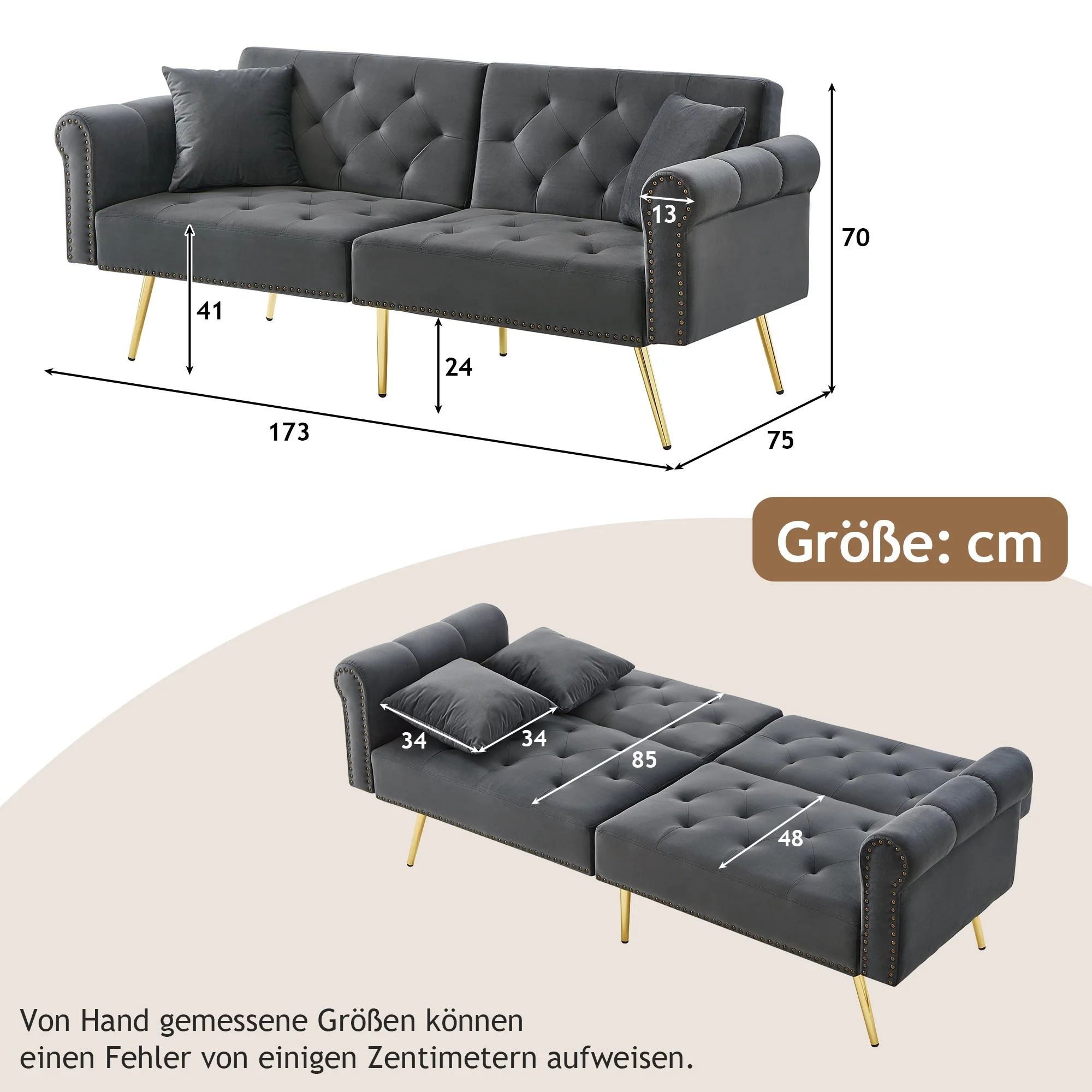 Sofa Bed, Modern 2-Seater with 3-Level Adjustable Backrest, Velvet - Image 6