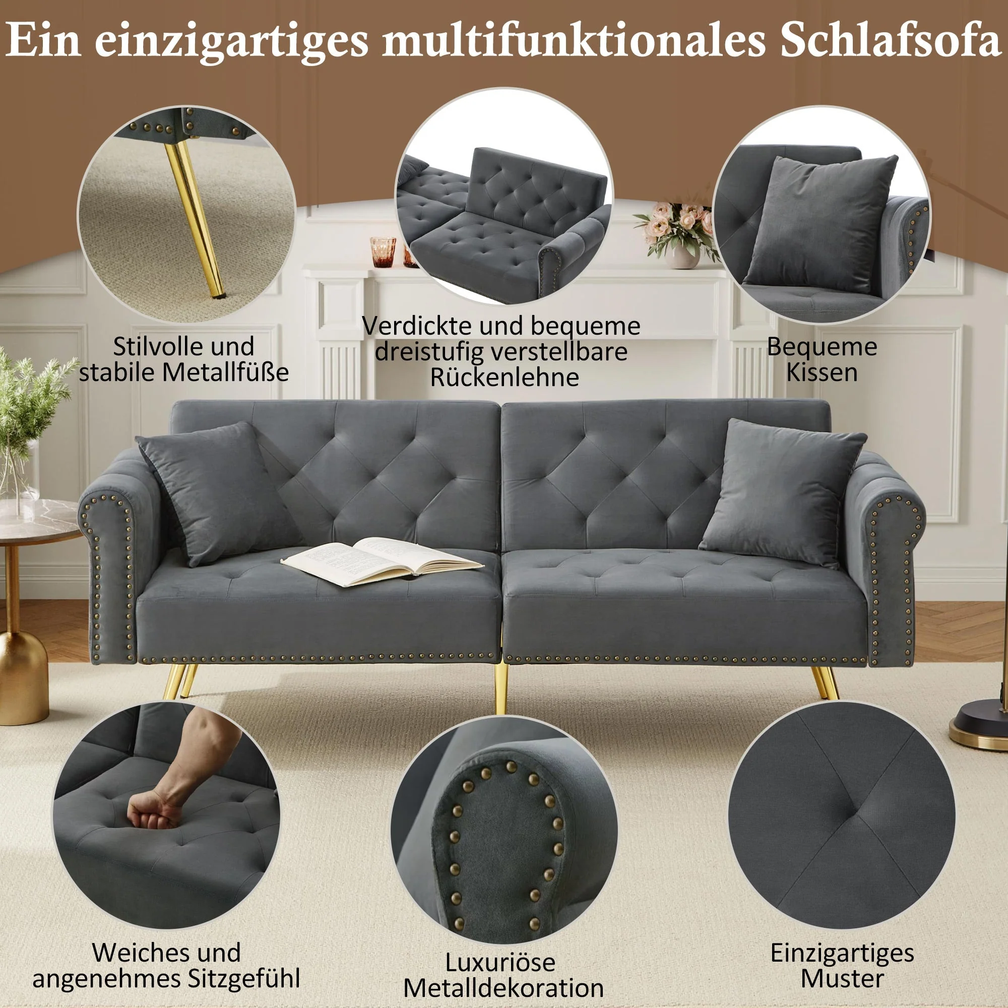 Sofa Bed, Modern 2-Seater with 3-Level Adjustable Backrest, Velvet - Image 8