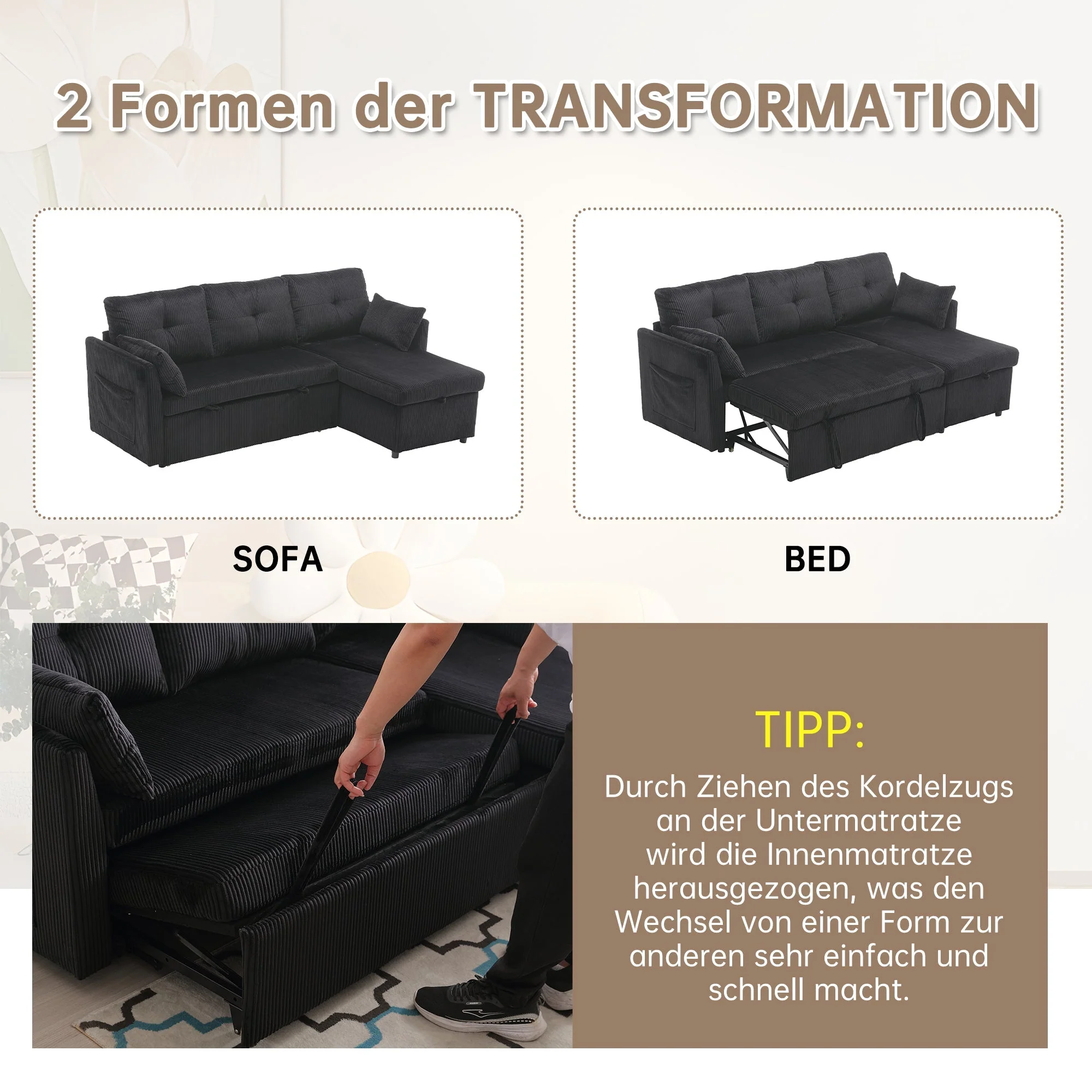 Sofa Bed, Multi-functional with Storage & Pull-Out Bed, L-Shaped Sectional - Image 8