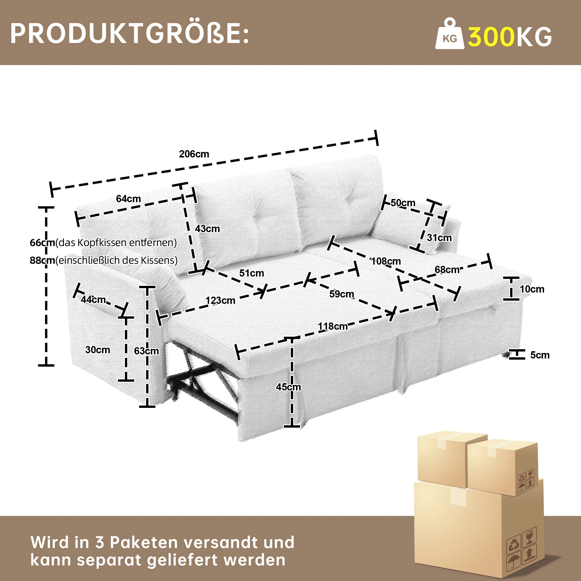 Sofa Bed, Multi-functional with Storage & Pull-Out, Chaise Lounge Interchangeable, L-Shaped Modular - Image 2