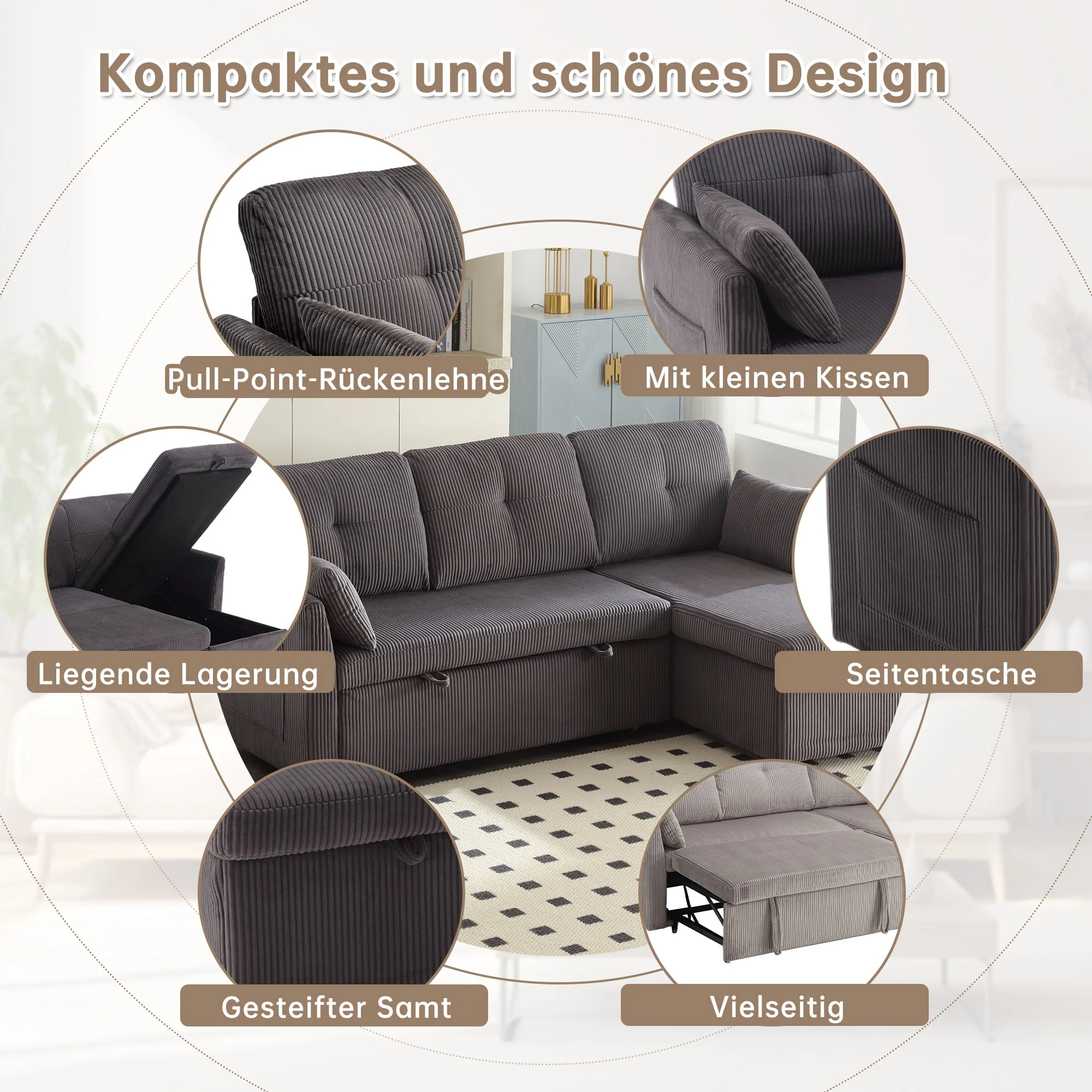 Sofa Bed, Multi-functional with Storage & Pull-Out, Chaise Lounge Interchangeable, L-Shaped Modular - Image 3