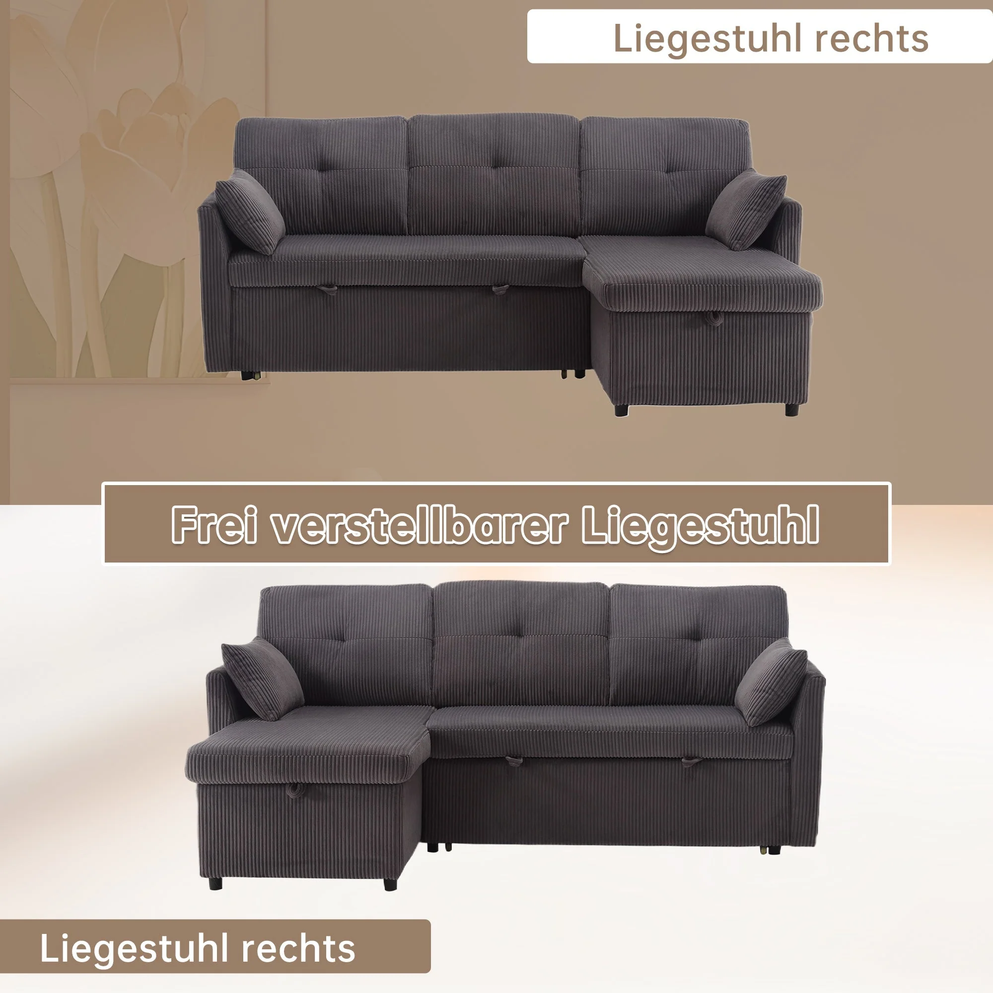 Sofa Bed, Multi-functional with Storage & Pull-Out, Chaise Lounge Interchangeable, L-Shaped Modular - Image 4