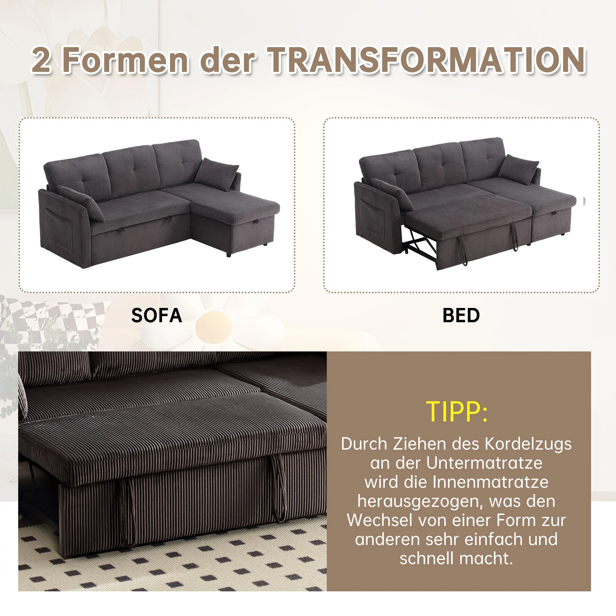 Sofa Bed, Multi-functional with Storage & Pull-Out, Chaise Lounge Interchangeable, L-Shaped Modular - Image 6