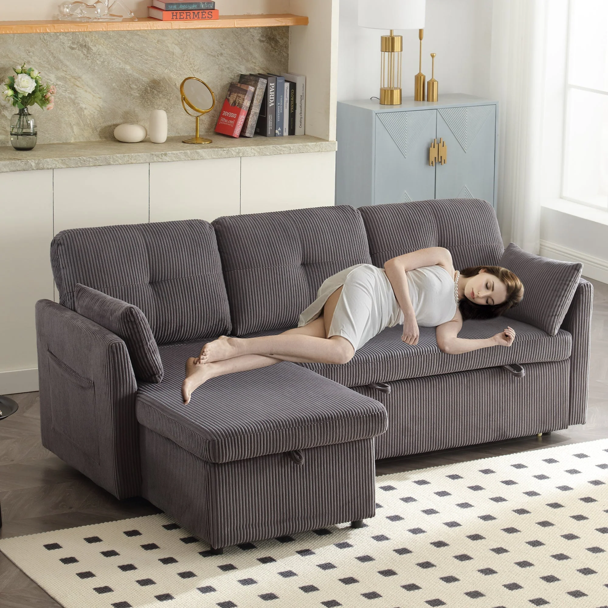 Sofa Bed, Multi-functional with Storage & Pull-Out, Chaise Lounge Interchangeable, L-Shaped Modular - Image 7