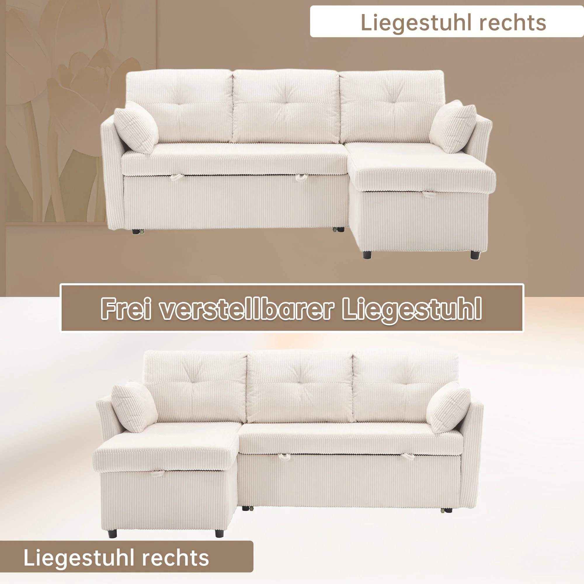 Sofa Bed, Multi-functional with Storage & Pull-out, Chaise Lounge Interchangeable, Modular L-Shaped Sectional - Image 4