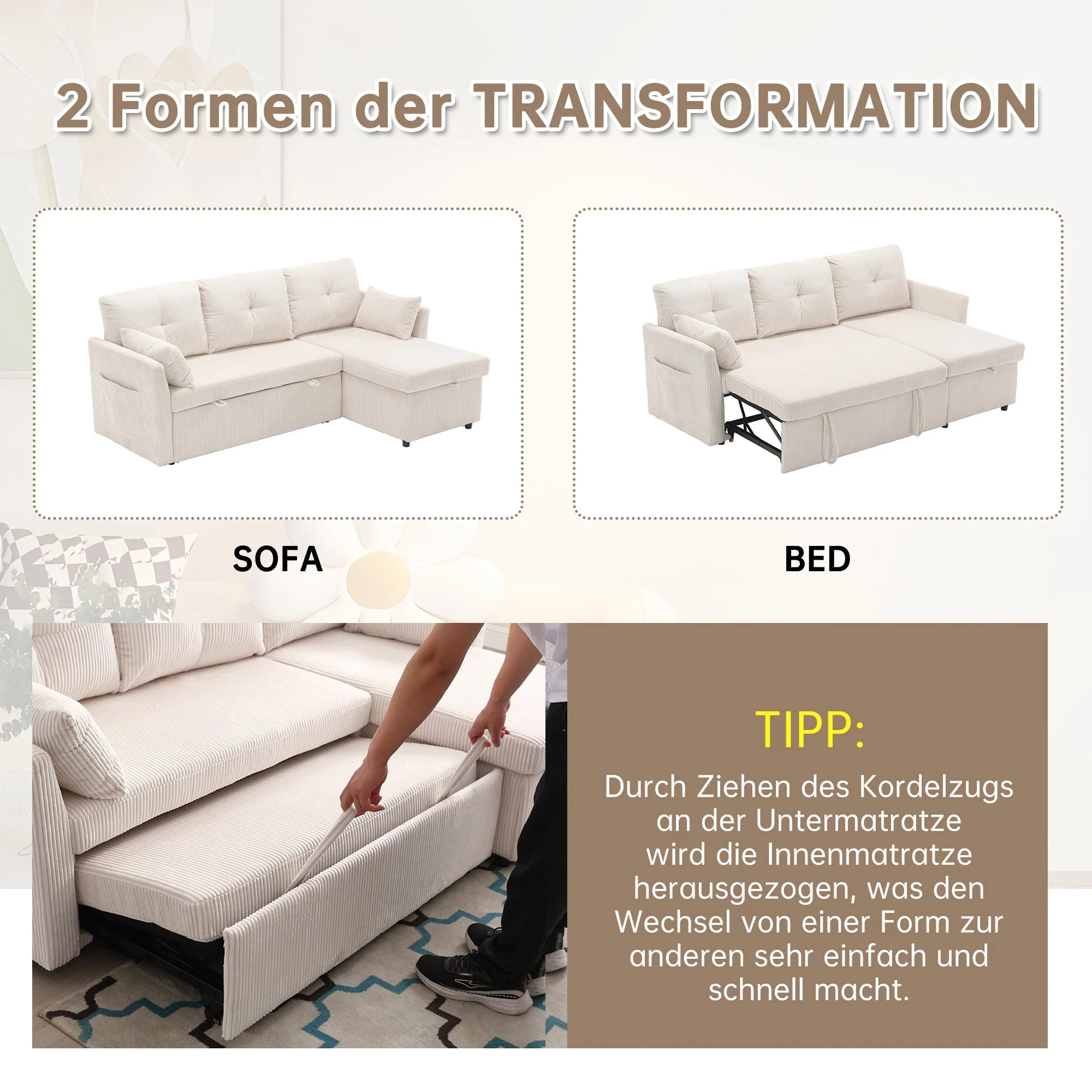 Sofa Bed, Multi-functional with Storage & Pull-out, Chaise Lounge Interchangeable, Modular L-Shaped Sectional - Image 6