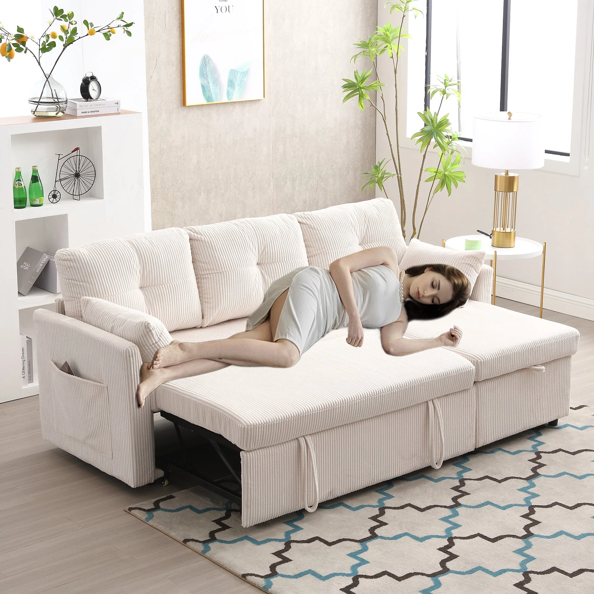 Sofa Bed, Multi-functional with Storage & Pull-out, Chaise Lounge Interchangeable, Modular L-Shaped Sectional - Image 7