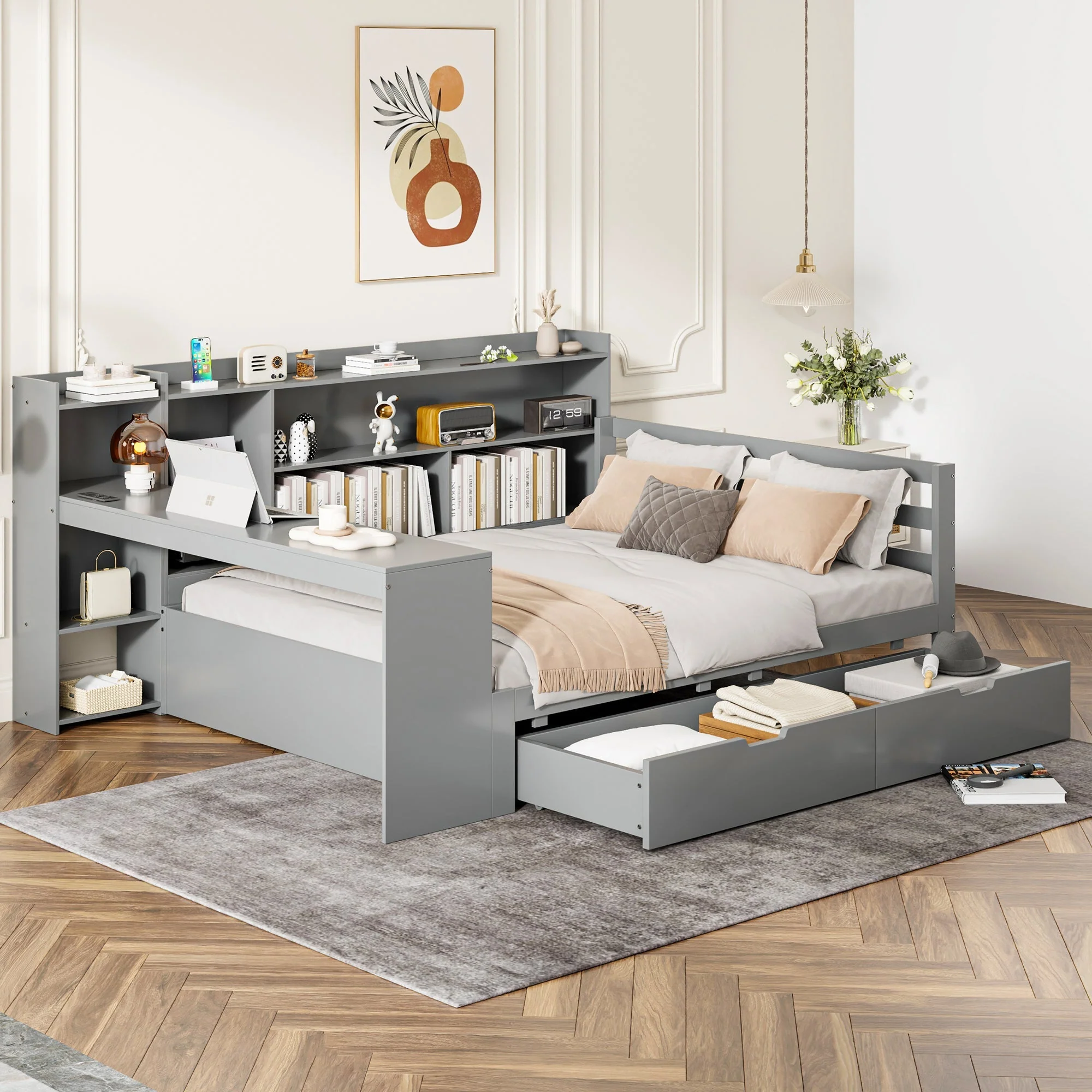 Sofa Bed, Multifunctional 140x200cm with Desk Storage & Power Outlet, Solid Wood Grey - Image 2