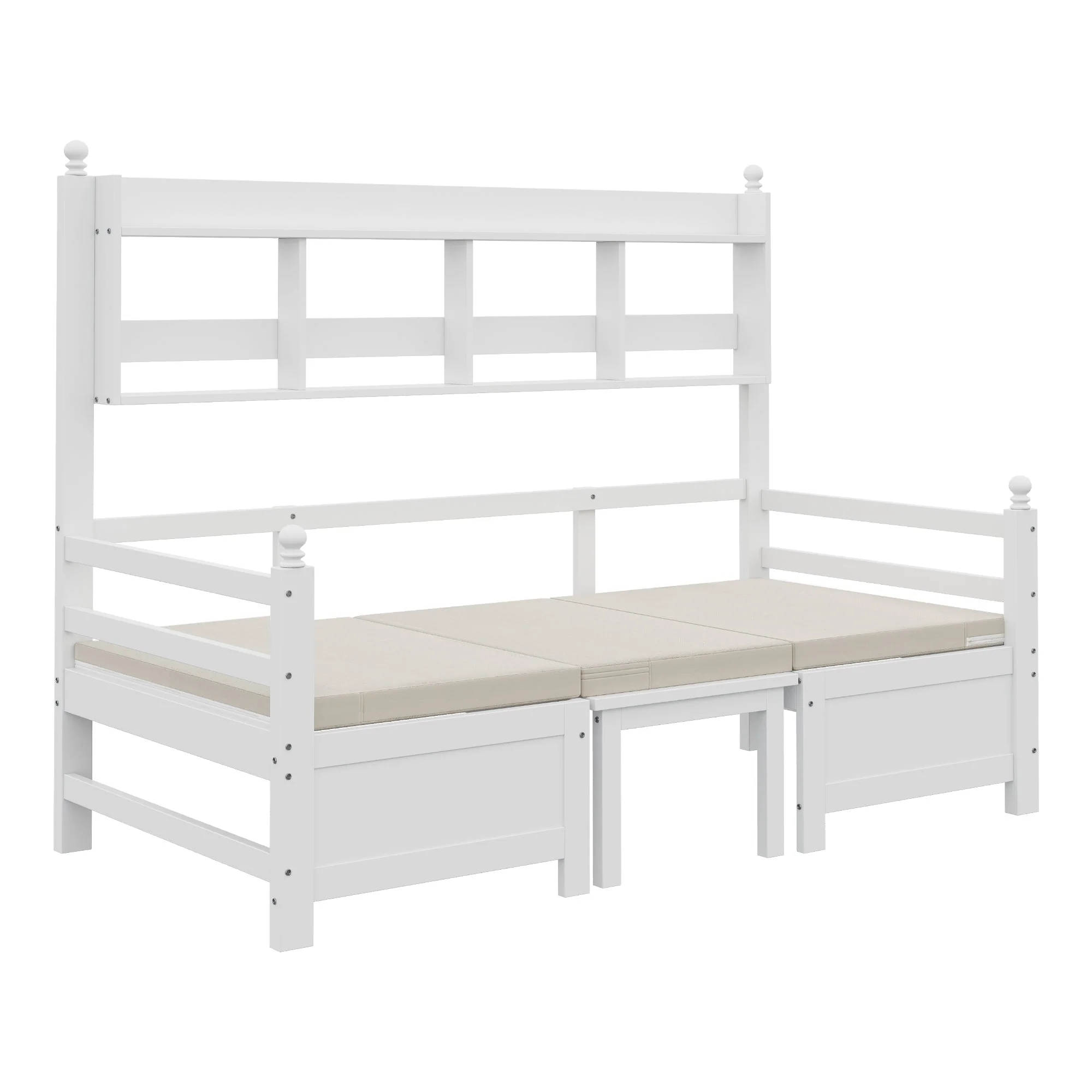 Sofa Bed, Multifunctional 2-in-1 Bed & Desk with Bookshelf & Pillows, Solid Wood White - Image 10