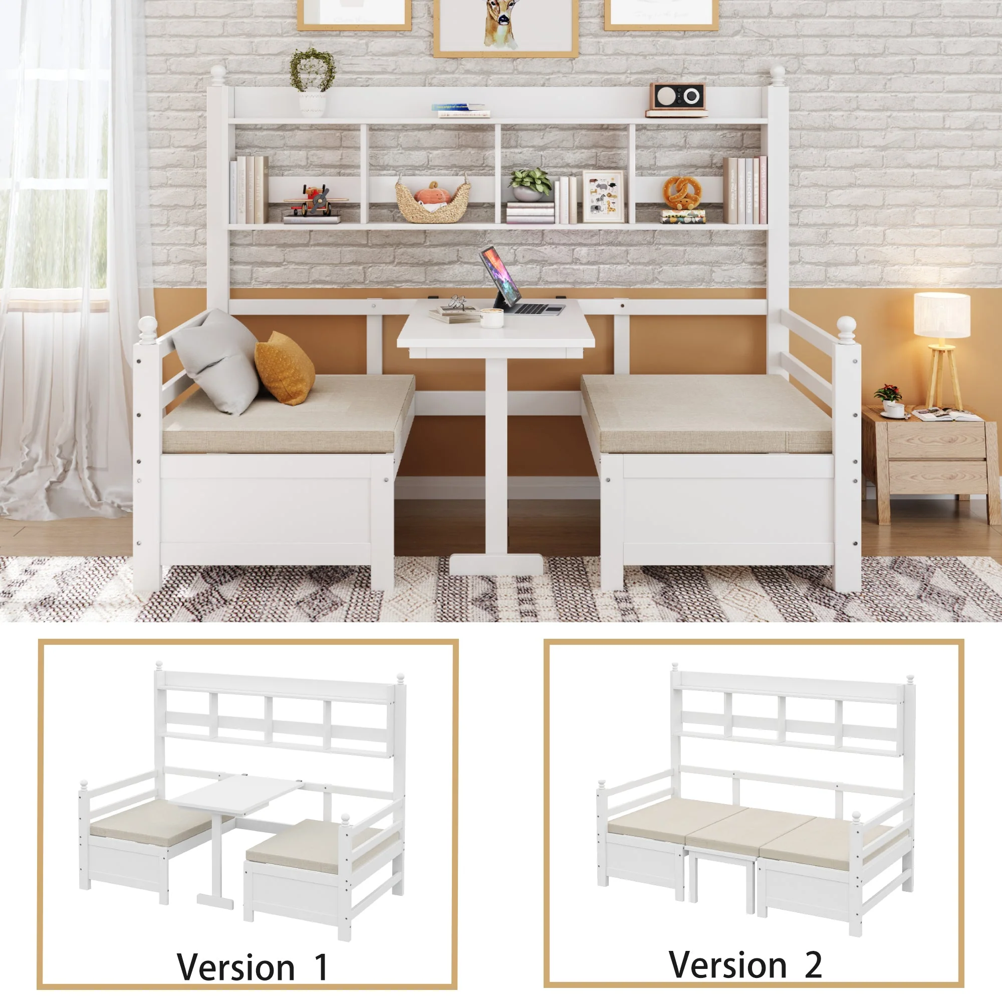 Sofa Bed, Multifunctional 2-in-1 Bed & Desk with Bookshelf & Pillows, Solid Wood White - Image 4