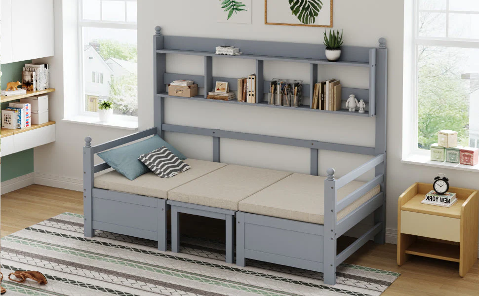 Sofa Bed, Multifunctional 2-in-1 Bed & Desk with Bookshelf, Solid Wood Gray - Image 6