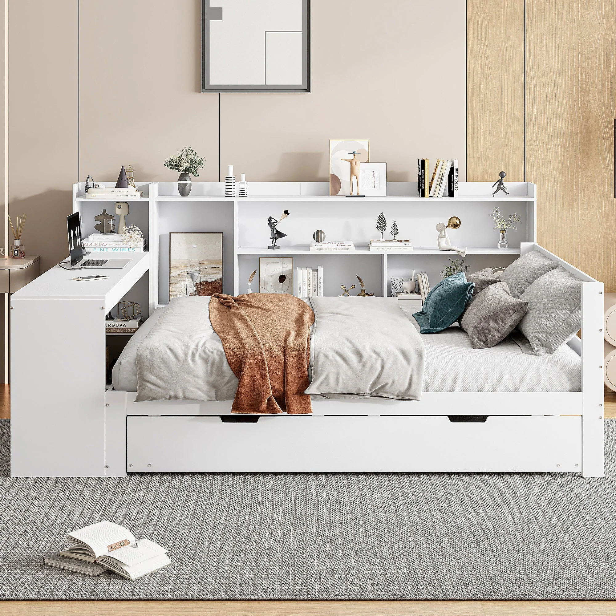 Sofa Bed, Multifunctional Double with Desk, Bookshelves, Storage, Power Outlets, Pull-Out Bed, Solid Wood - Image 3