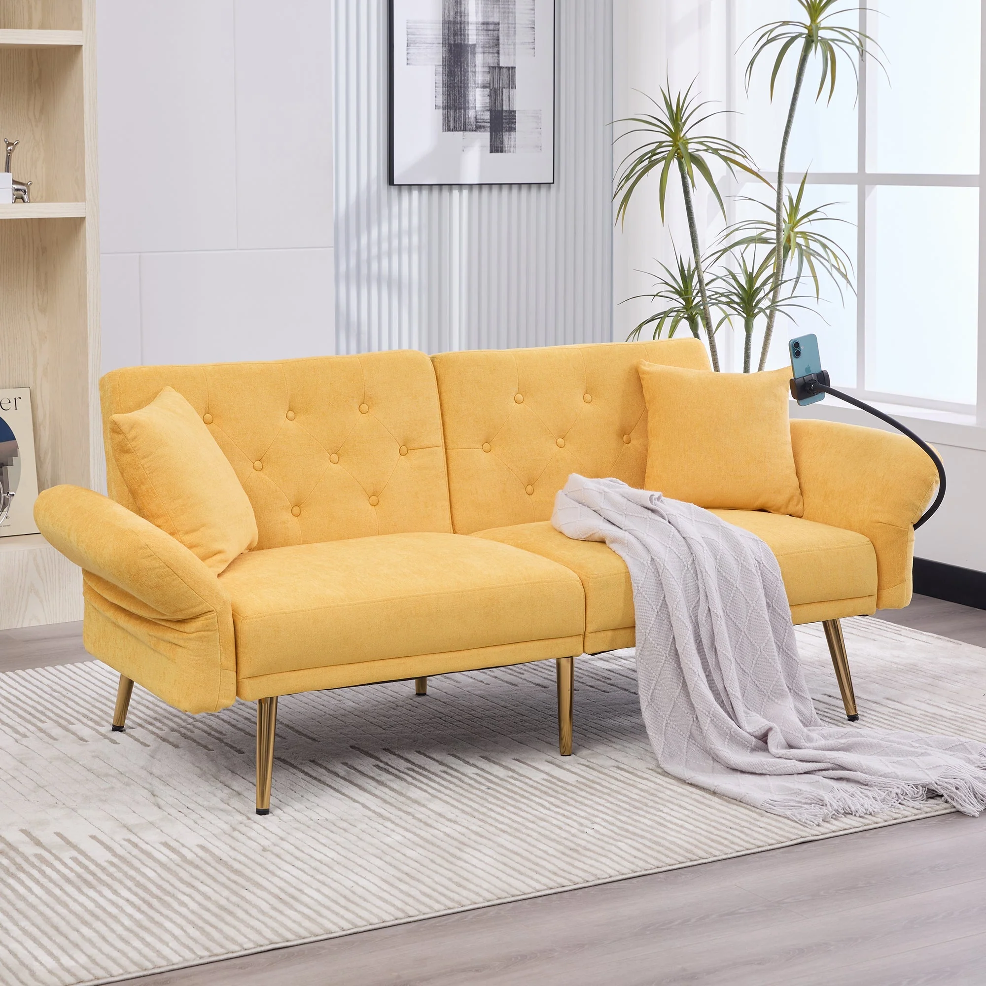 Sofa Bed, Multifunctional Folding with Adjustable Backrest, USB Ports, Side Pocket, Metal Legs