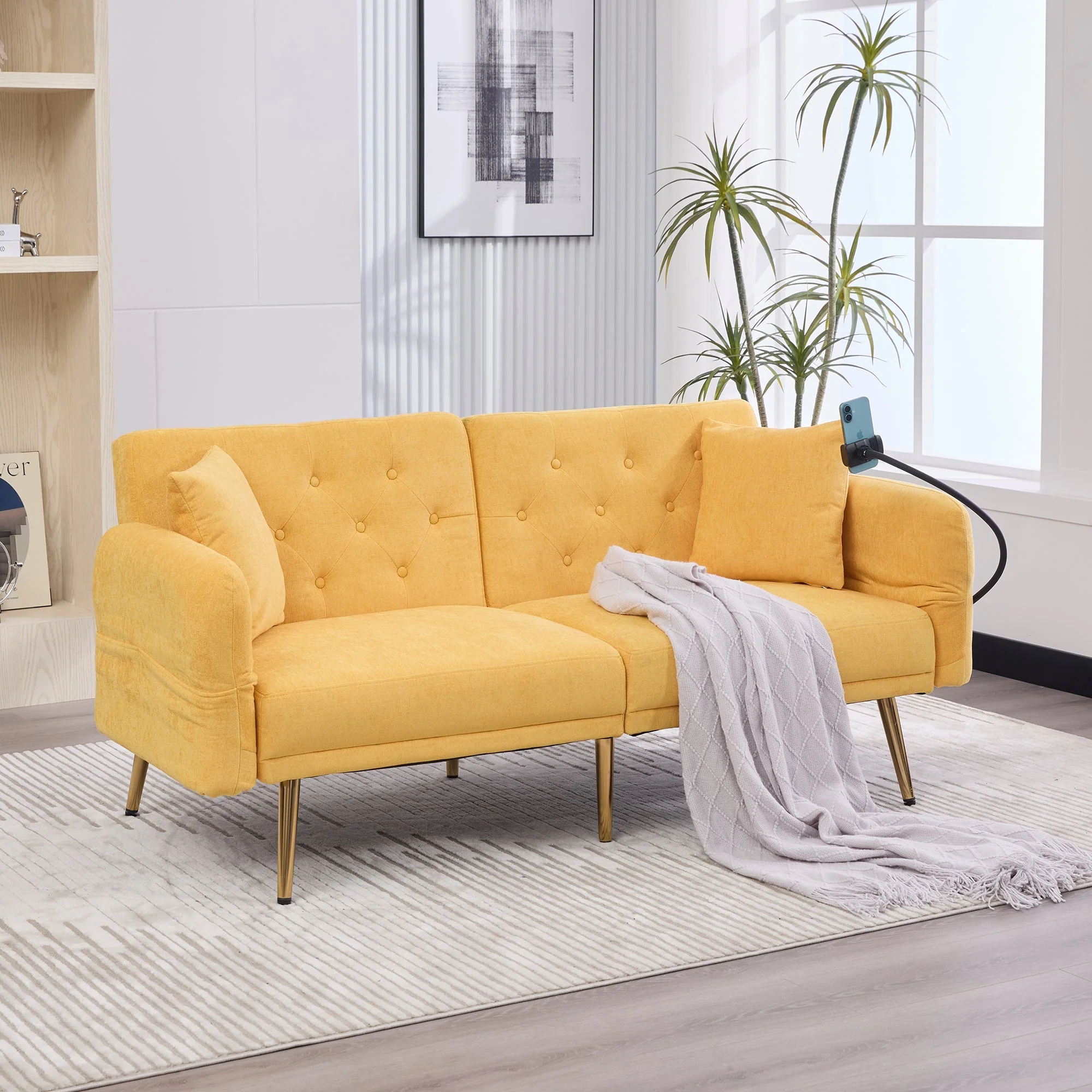 Sofa Bed, Multifunctional Folding with Adjustable Backrest, USB Ports, Side Pocket, Metal Legs - Image 10