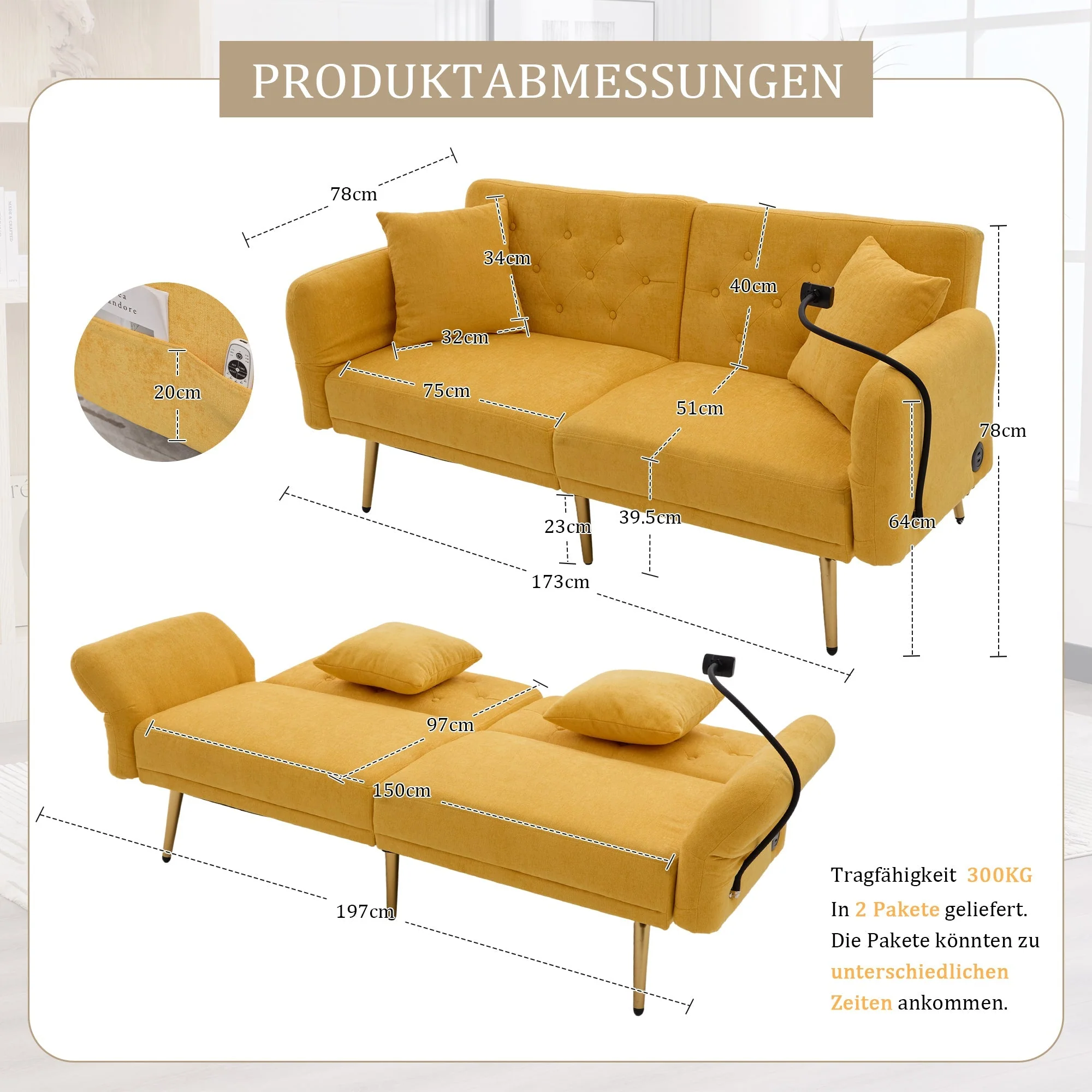 Sofa Bed, Multifunctional Folding with Adjustable Backrest, USB Ports, Side Pocket, Metal Legs - Image 2