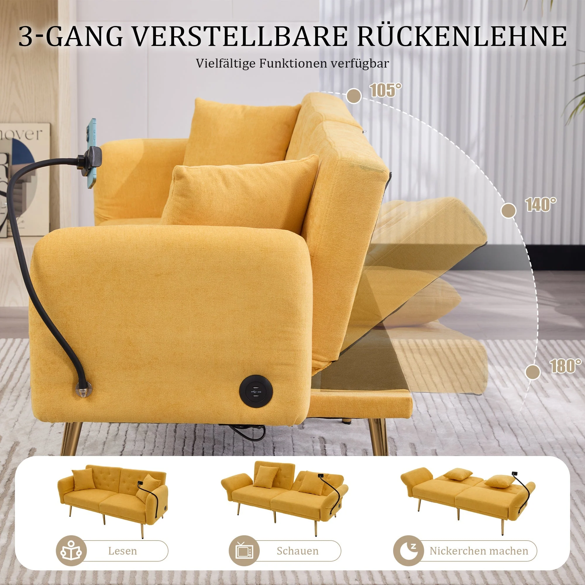 Sofa Bed, Multifunctional Folding with Adjustable Backrest, USB Ports, Side Pocket, Metal Legs - Image 3
