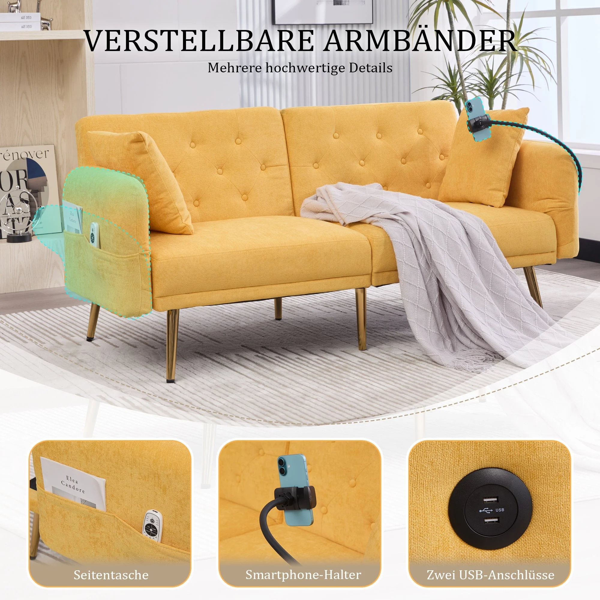 Sofa Bed, Multifunctional Folding with Adjustable Backrest, USB Ports, Side Pocket, Metal Legs - Image 4