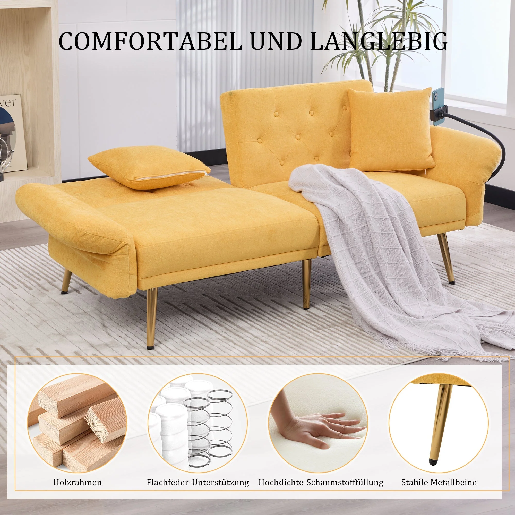 Sofa Bed, Multifunctional Folding with Adjustable Backrest, USB Ports, Side Pocket, Metal Legs - Image 5