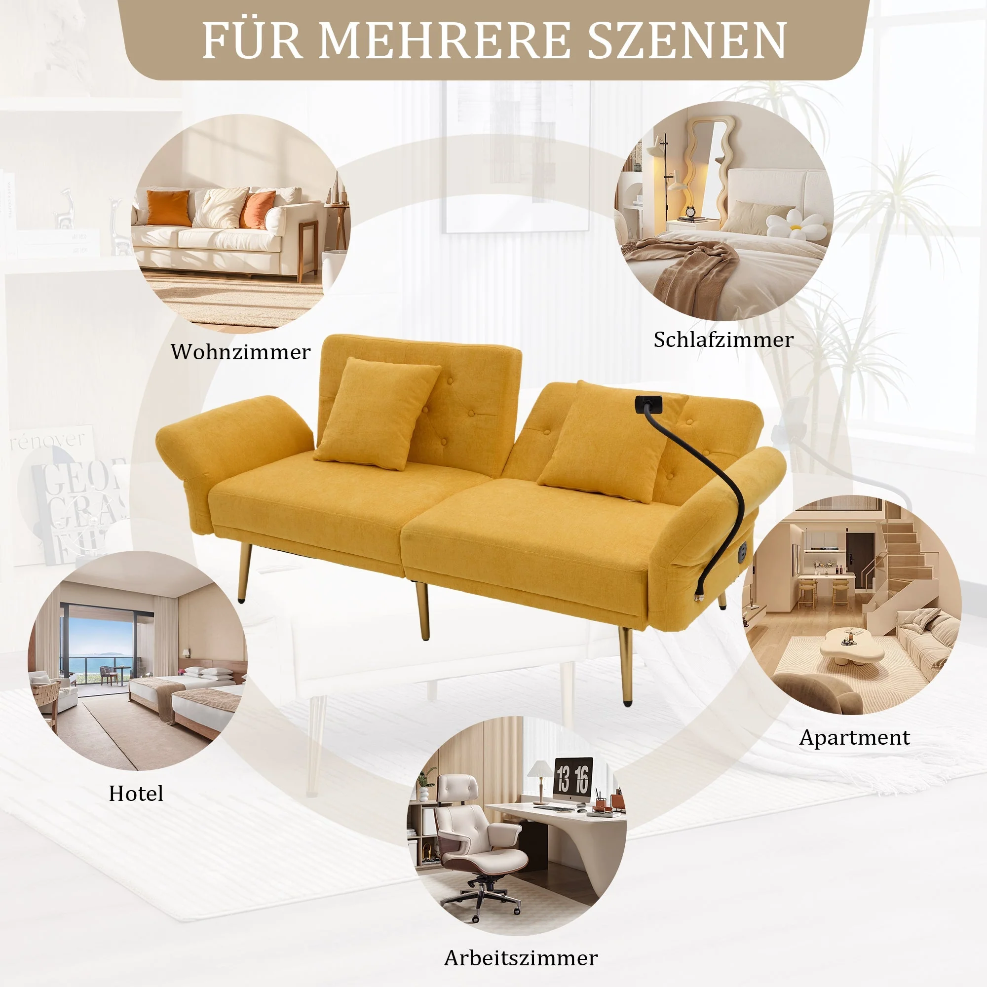 Sofa Bed, Multifunctional Folding with Adjustable Backrest, USB Ports, Side Pocket, Metal Legs - Image 7