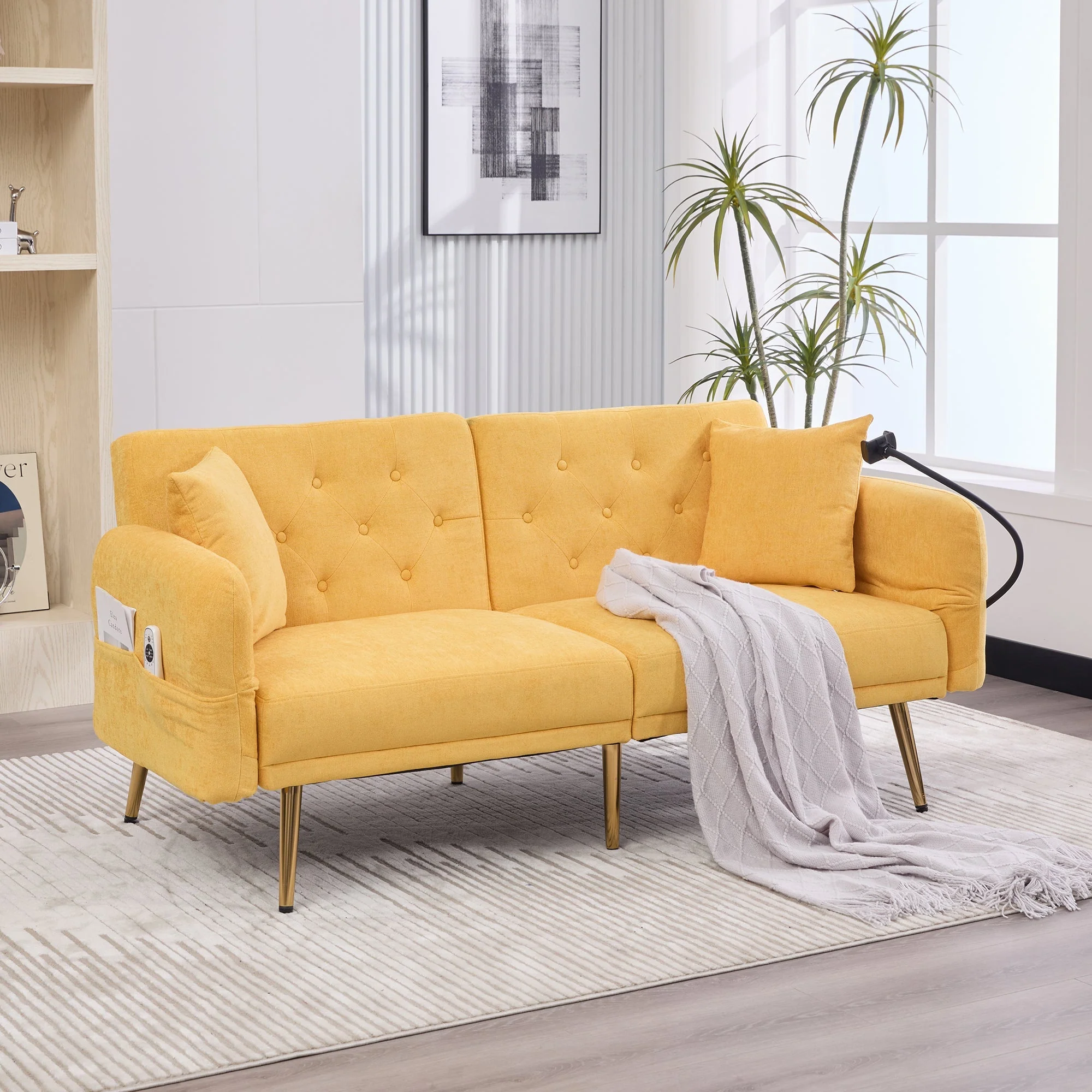 Sofa Bed, Multifunctional Folding with Adjustable Backrest, USB Ports, Side Pocket, Metal Legs - Image 8