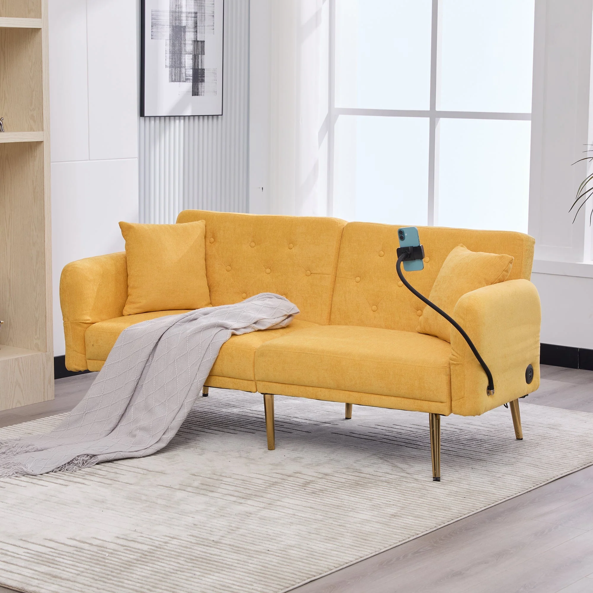 Sofa Bed, Multifunctional Folding with Adjustable Backrest, USB Ports, Side Pocket, Metal Legs - Image 9