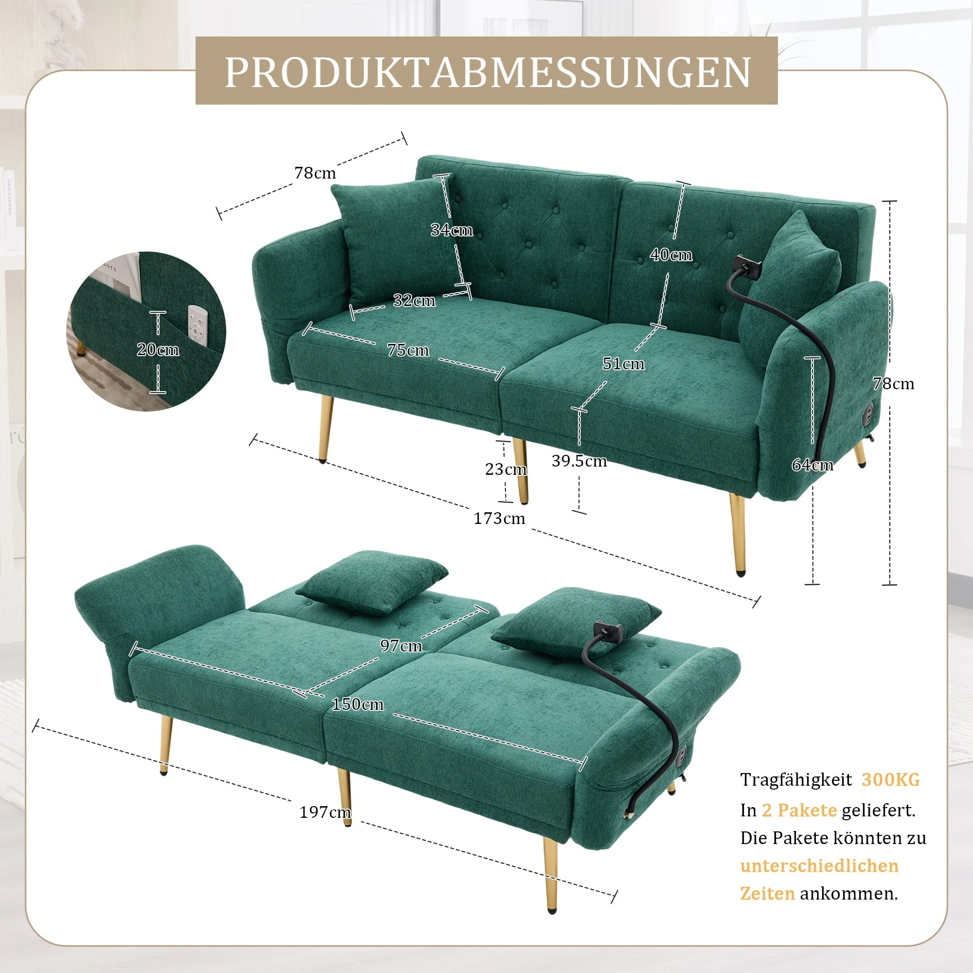 Sofa Bed, Multifunctional Folding with USB & Storage, Metal Legs - Image 2