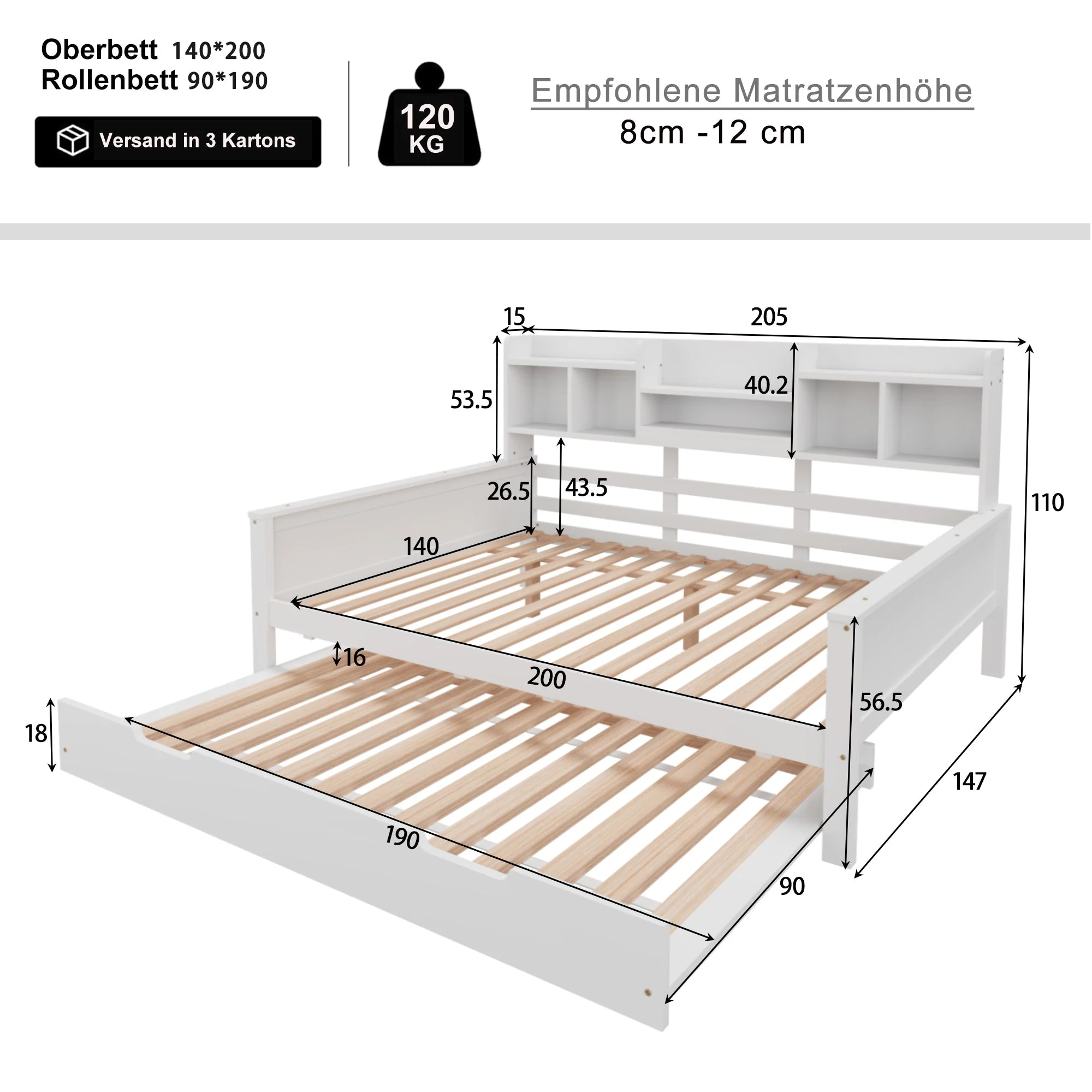 Sofa Bed, Pull-Out 140x200CM, Storage & Slatted Frame, Pine Wood White - Image 4