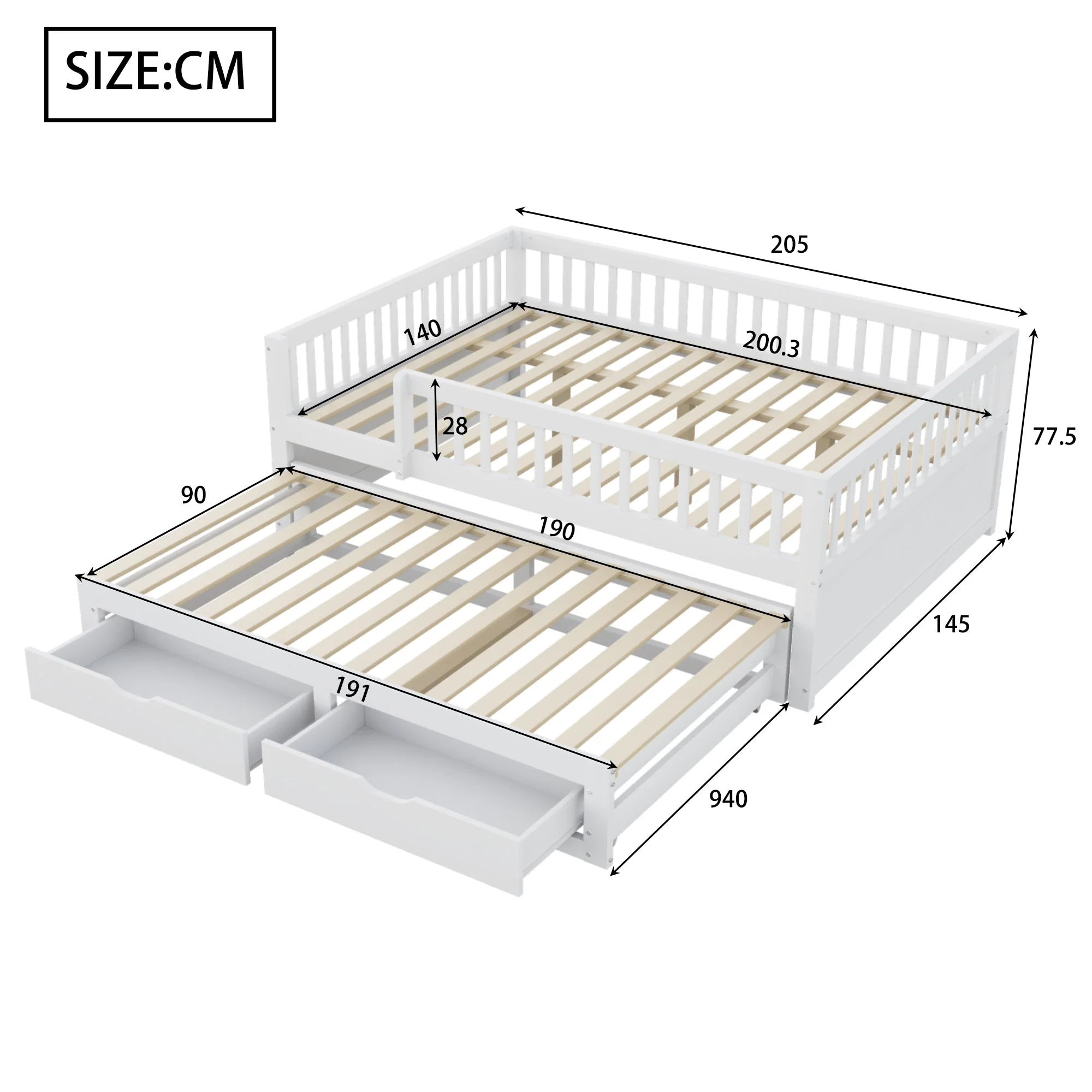 Sofa Bed, Pull-Out with Safety Gate & 2 Drawers, Solid Wood, White - Image 10
