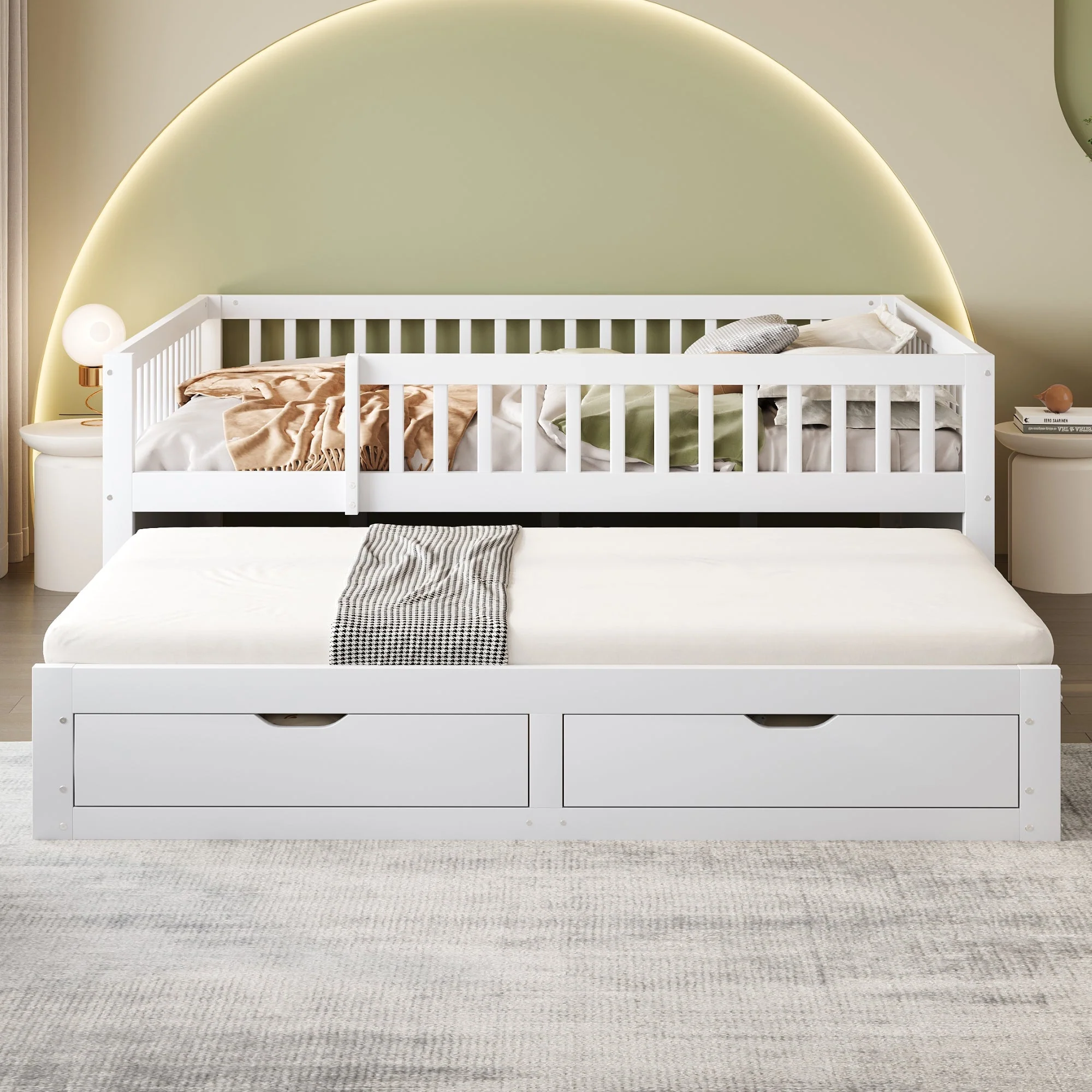 Sofa Bed, Pull-Out with Safety Gate & 2 Drawers, Solid Wood, White - Image 2