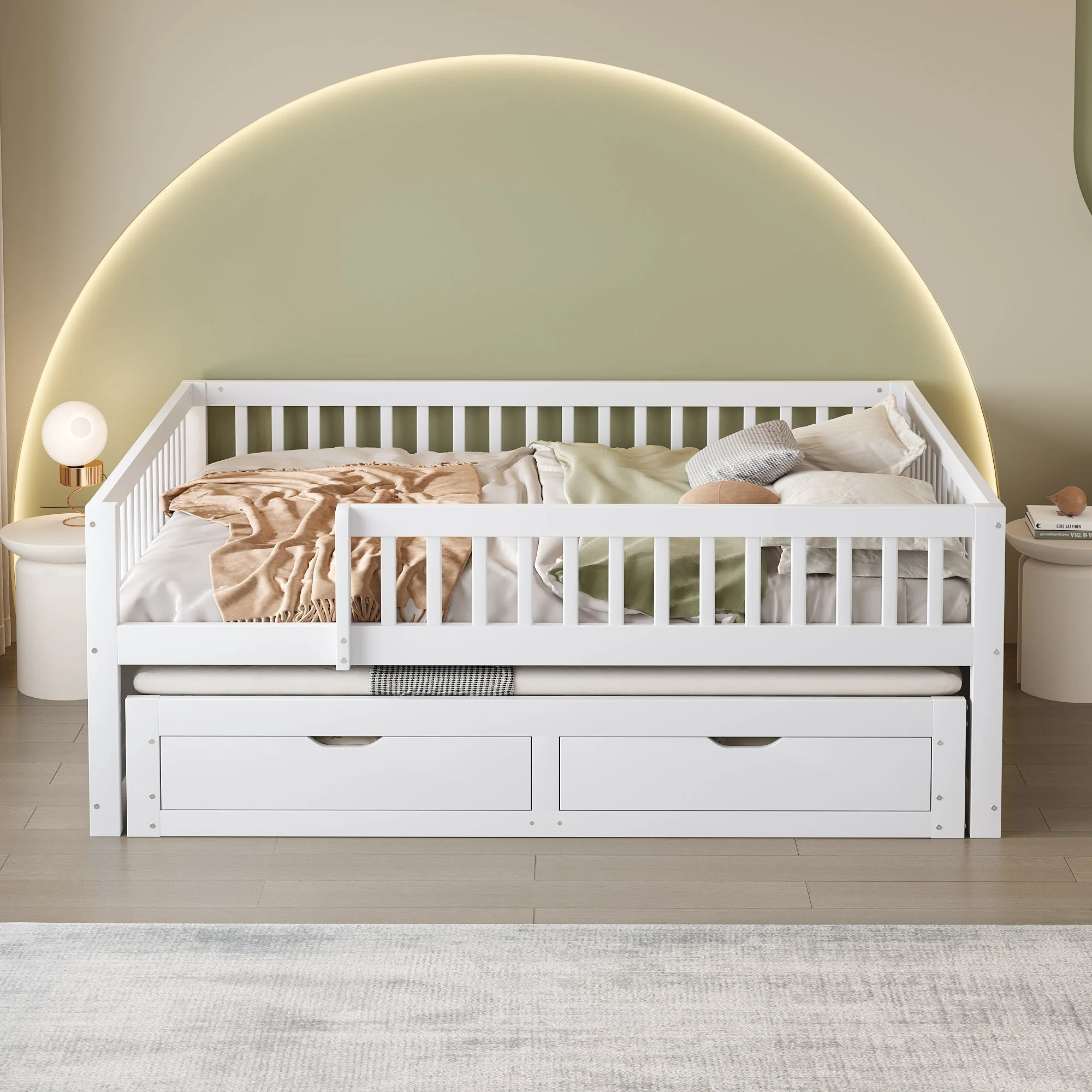 Sofa Bed, Pull-Out with Safety Gate & 2 Drawers, Solid Wood, White - Image 3