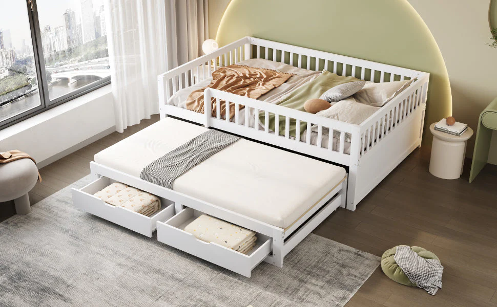 Sofa Bed, Pull-Out with Safety Gate & 2 Drawers, Solid Wood, White - Image 4