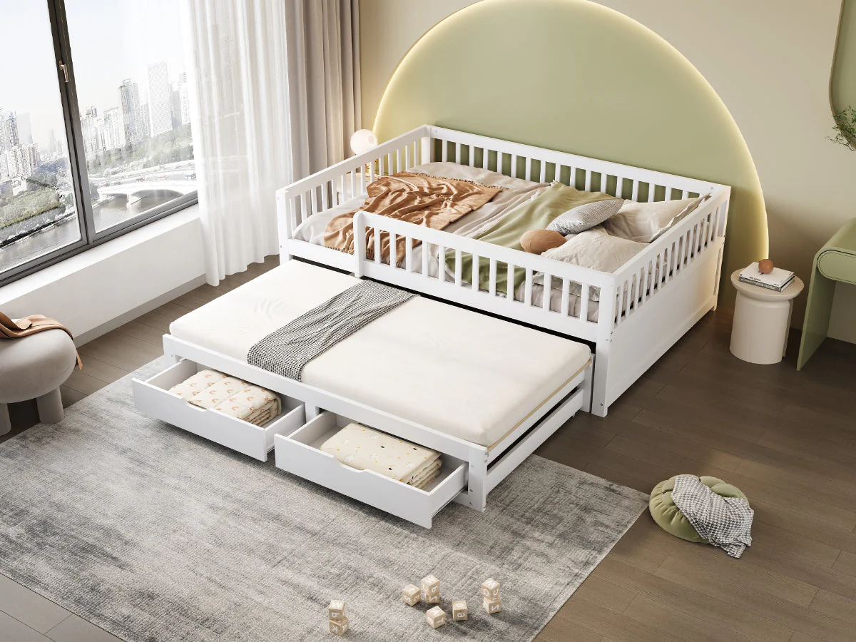 Sofa Bed, Pull-Out with Safety Gate & 2 Drawers, Solid Wood, White - Image 5