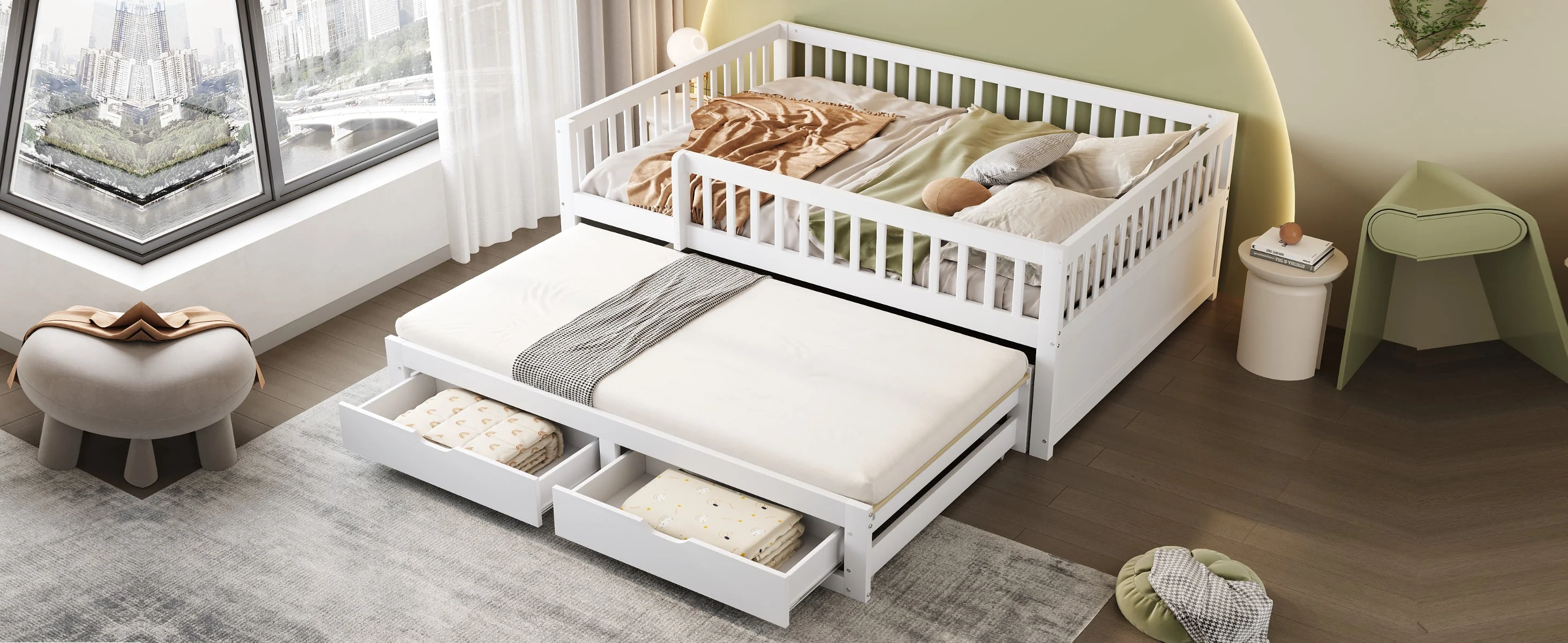 Sofa Bed, Pull-Out with Safety Gate & 2 Drawers, Solid Wood, White - Image 6