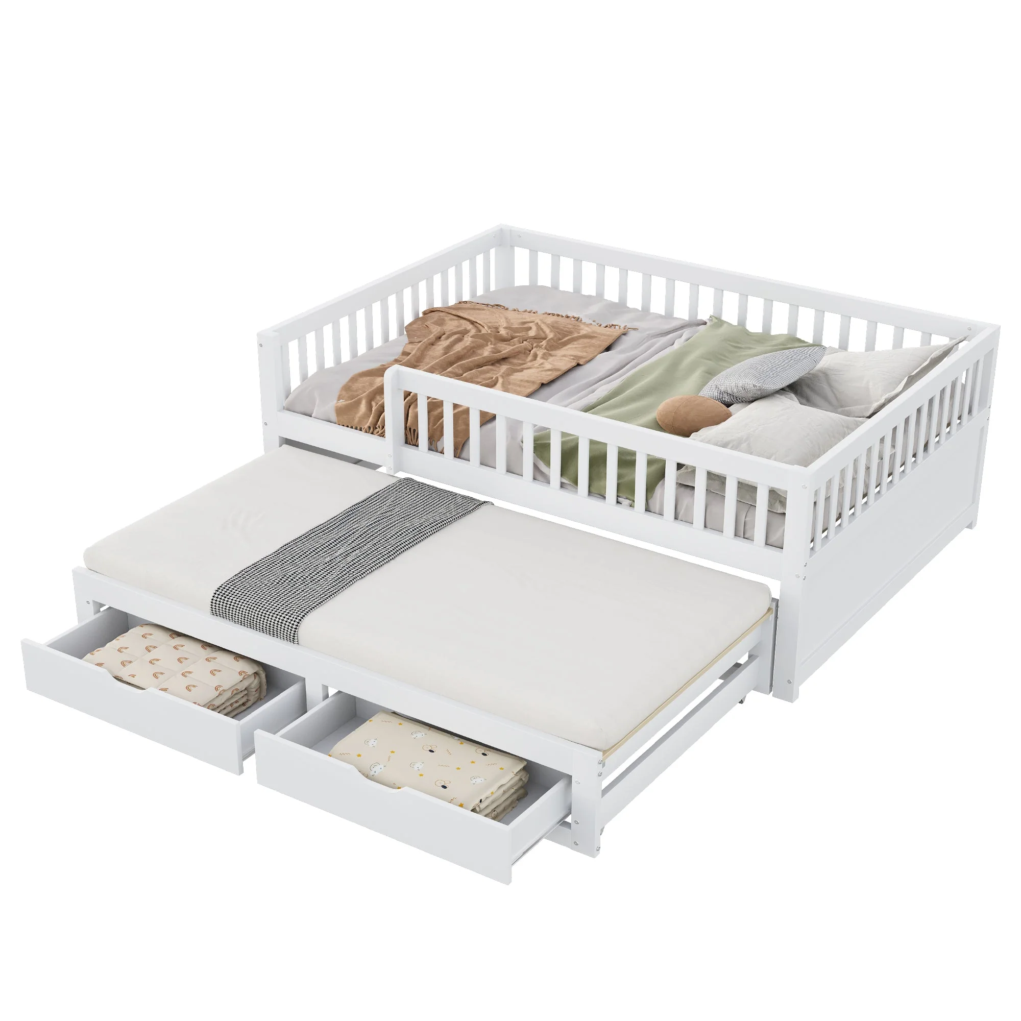Sofa Bed, Pull-Out with Safety Gate & 2 Drawers, Solid Wood, White - Image 7